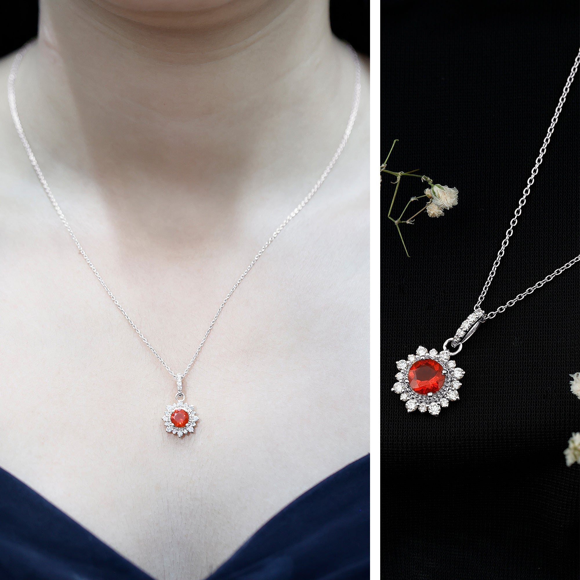 Round Fire Opal and Diamond Halo Pendant Necklace AAA - Rosec Jewels