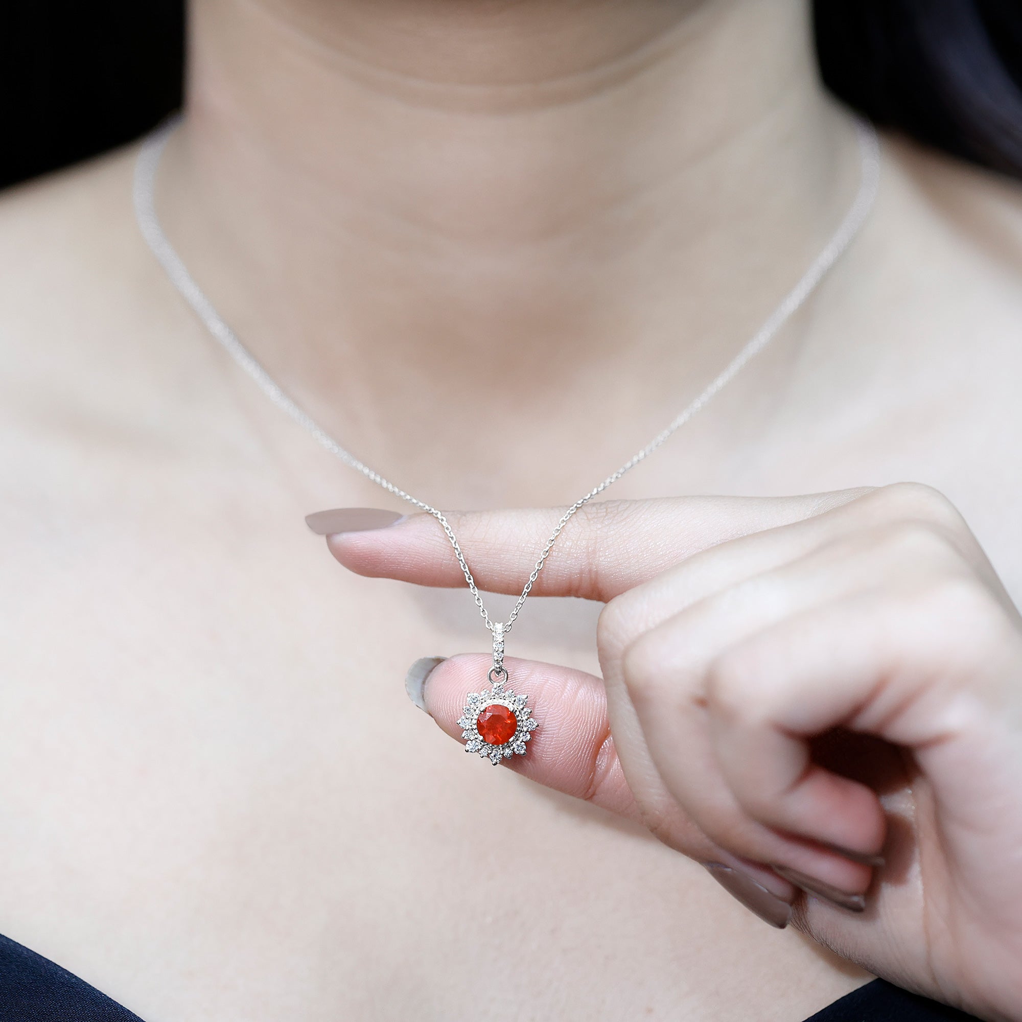 Round Fire Opal and Diamond Halo Pendant Necklace AAA - Rosec Jewels