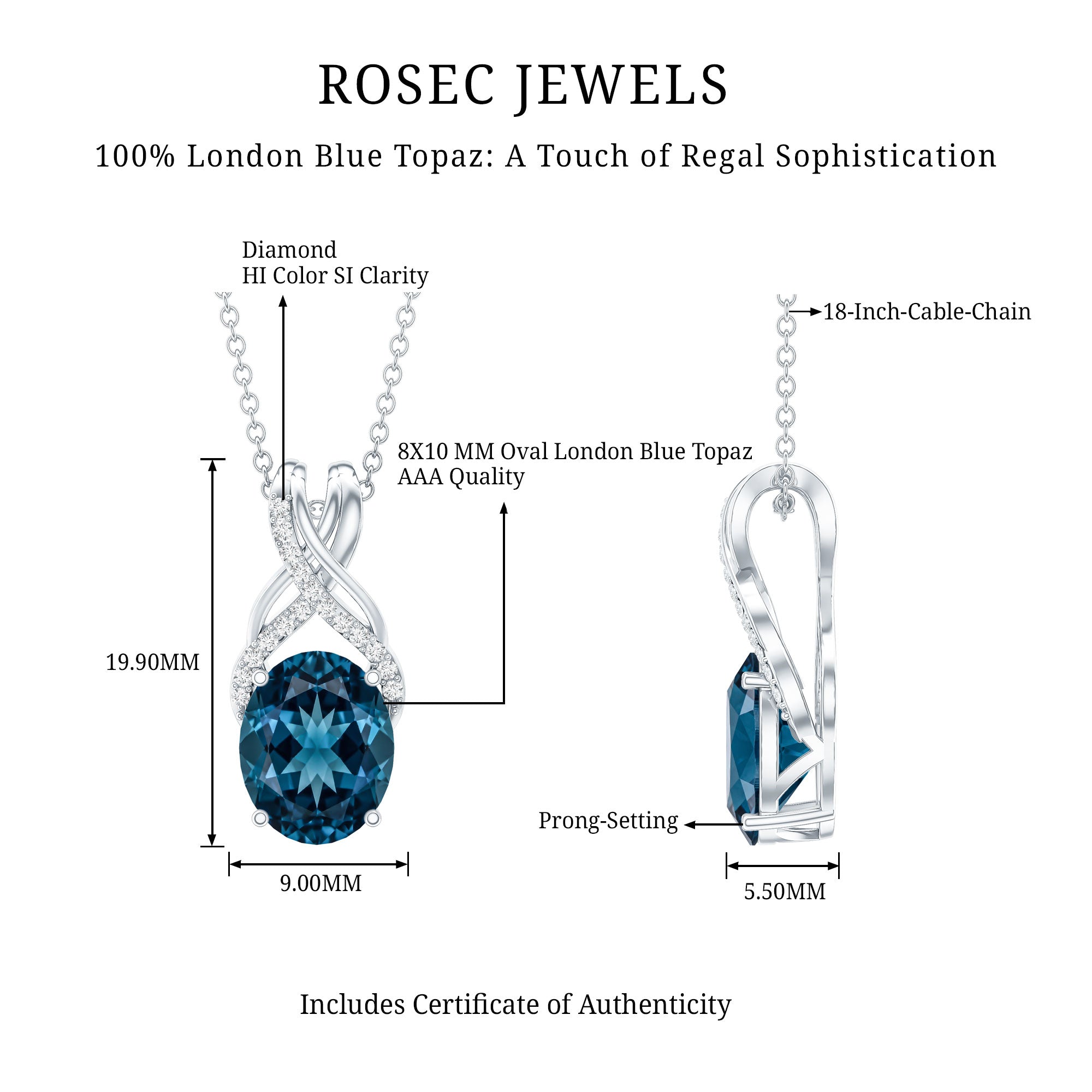2.5 Carat Oval London Blue Topaz Solitaire Necklace with Diamond Twisted Bail AAA - Rosec Jewels