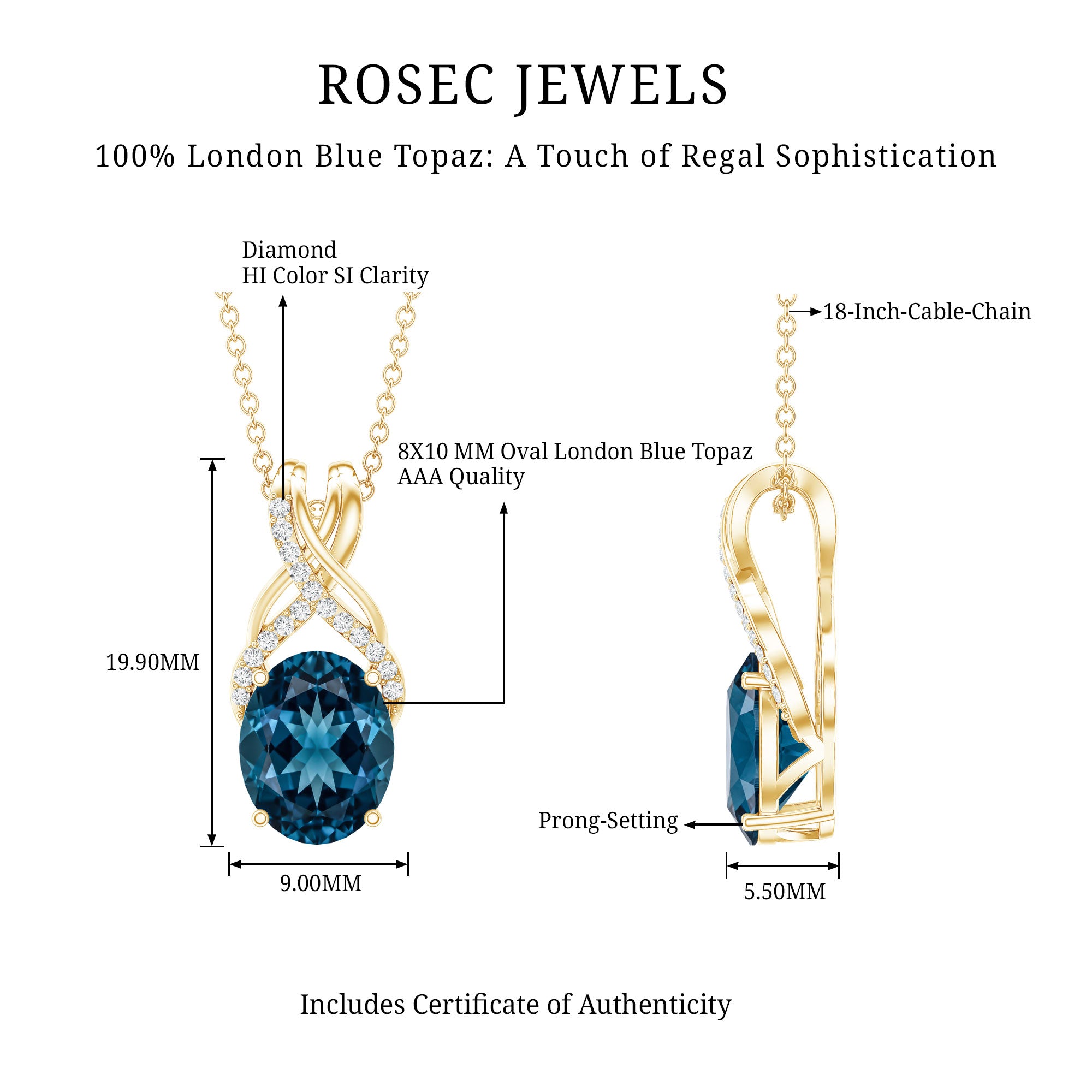2.5 Carat Oval London Blue Topaz Solitaire Necklace with Diamond Twisted Bail AAA - Rosec Jewels