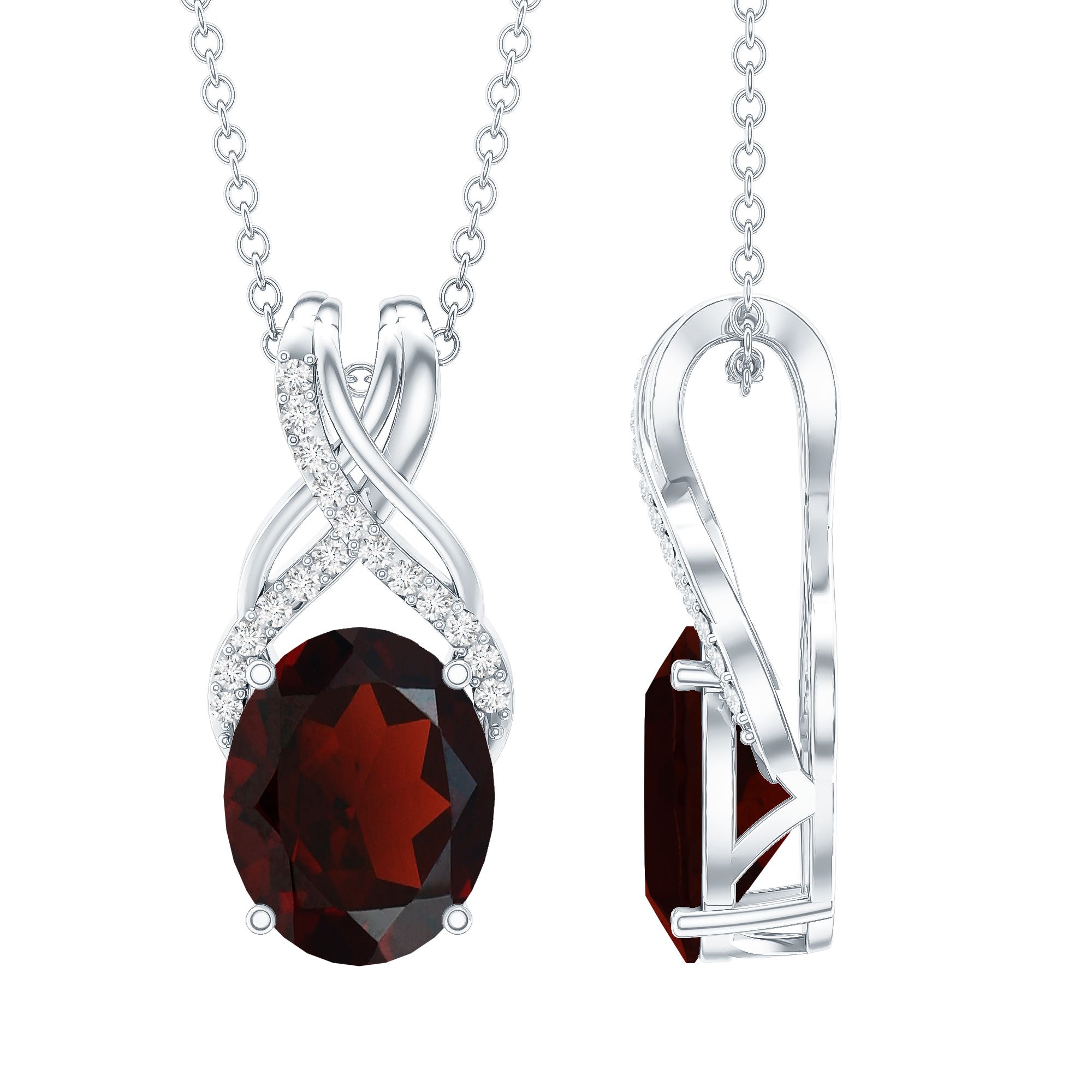 3.6 Carat Oval Shape Garnet Solitaire Twisted Bail Pendant Necklace with Diamond AAA - Rosec Jewels