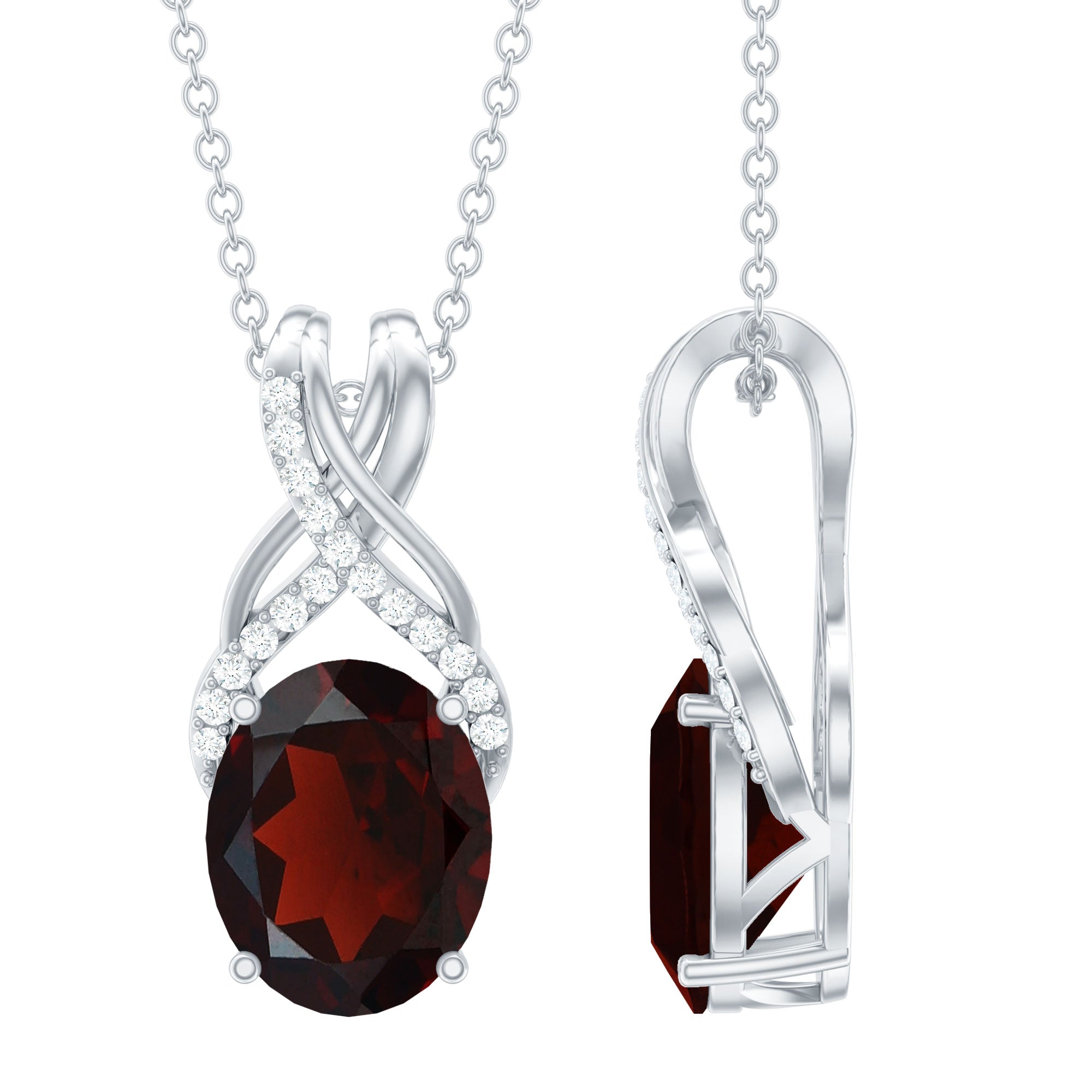 Oval Shape Garnet Solitaire Pendant Necklace with Diamond