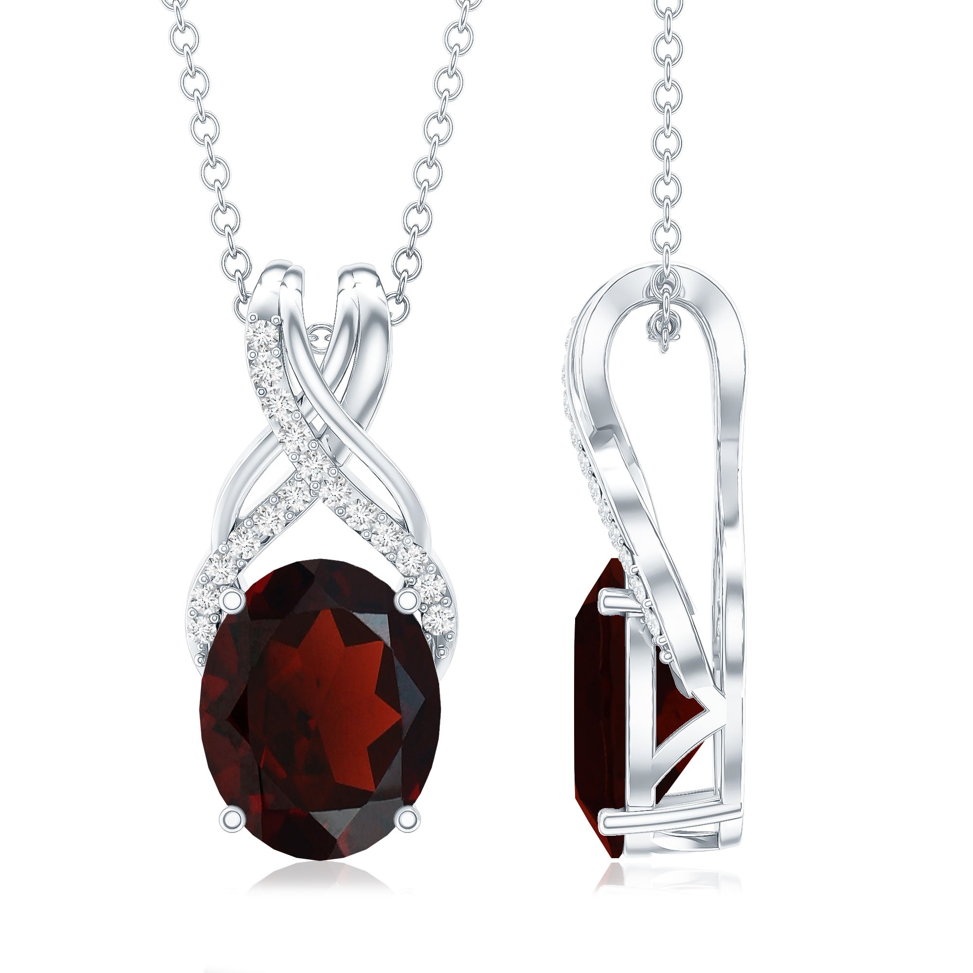 3.6 Carat Oval Shape Garnet Solitaire Twisted Bail Pendant Necklace with Diamond AAA - Rosec Jewels