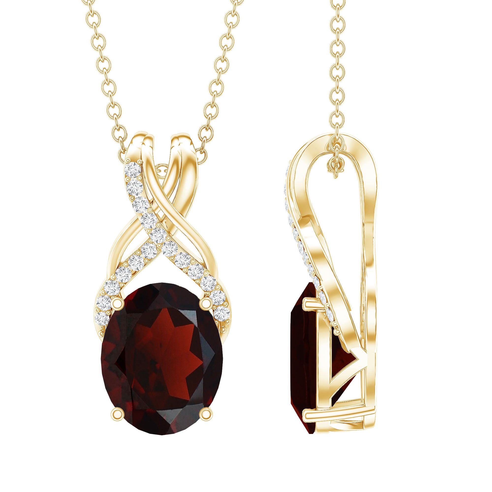 3.6 Carat Oval Shape Garnet Solitaire Twisted Bail Pendant Necklace with Diamond AAA - Rosec Jewels