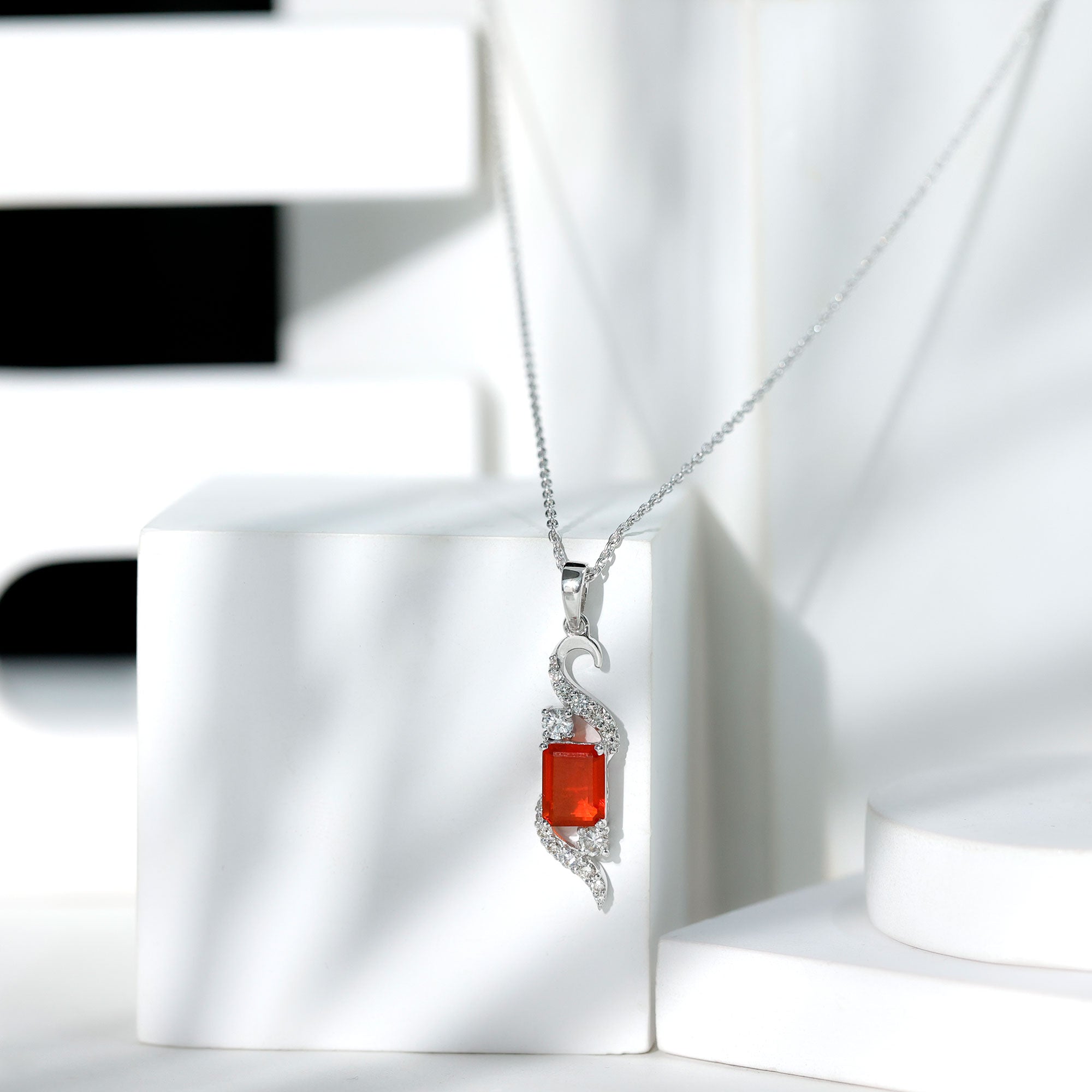 1 Carat Emerald Cut Fire Opal Designer Pendant with Diamond AAA - Rosec Jewels