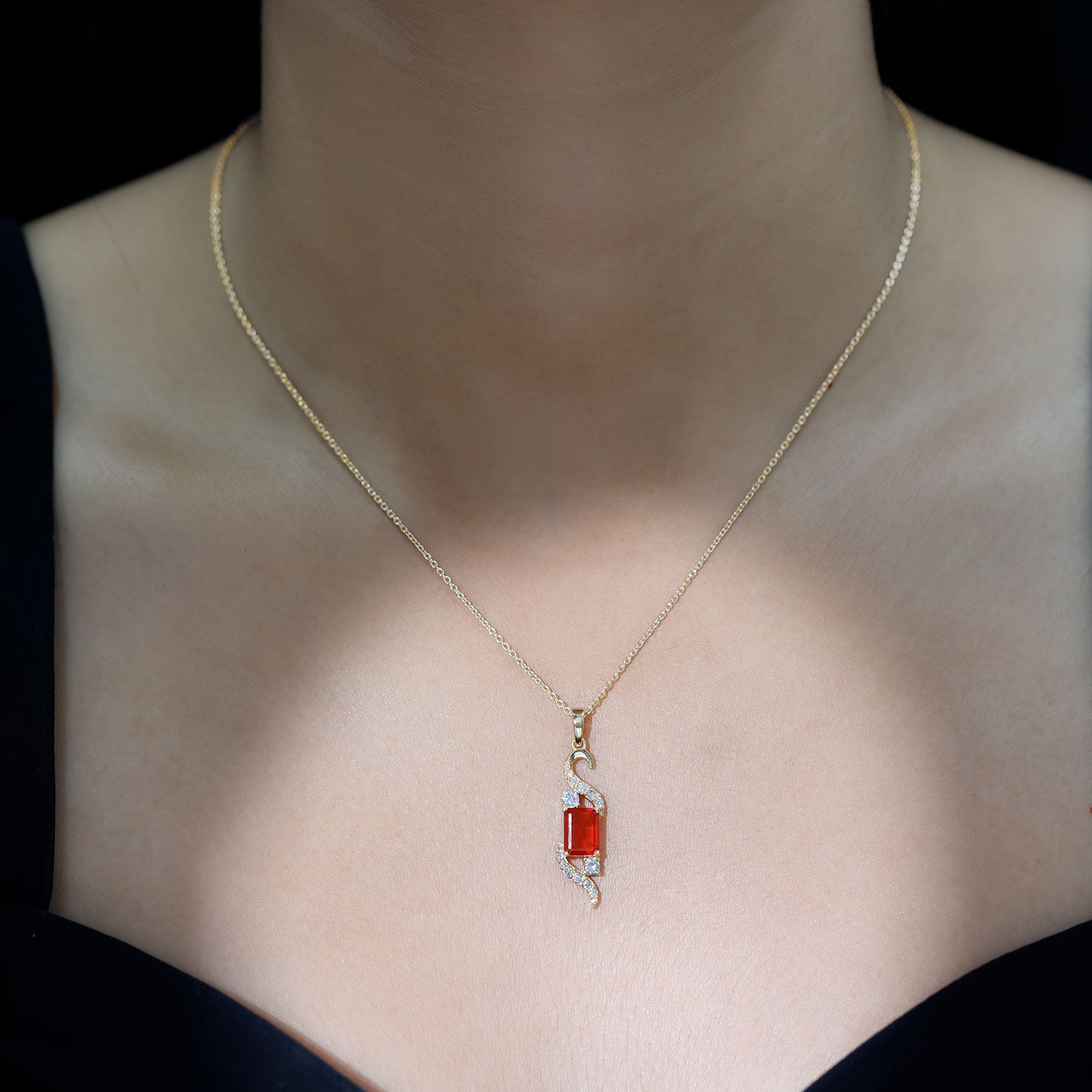 1 Carat Emerald Cut Fire Opal Designer Pendant with Diamond AAA - Rosec Jewels
