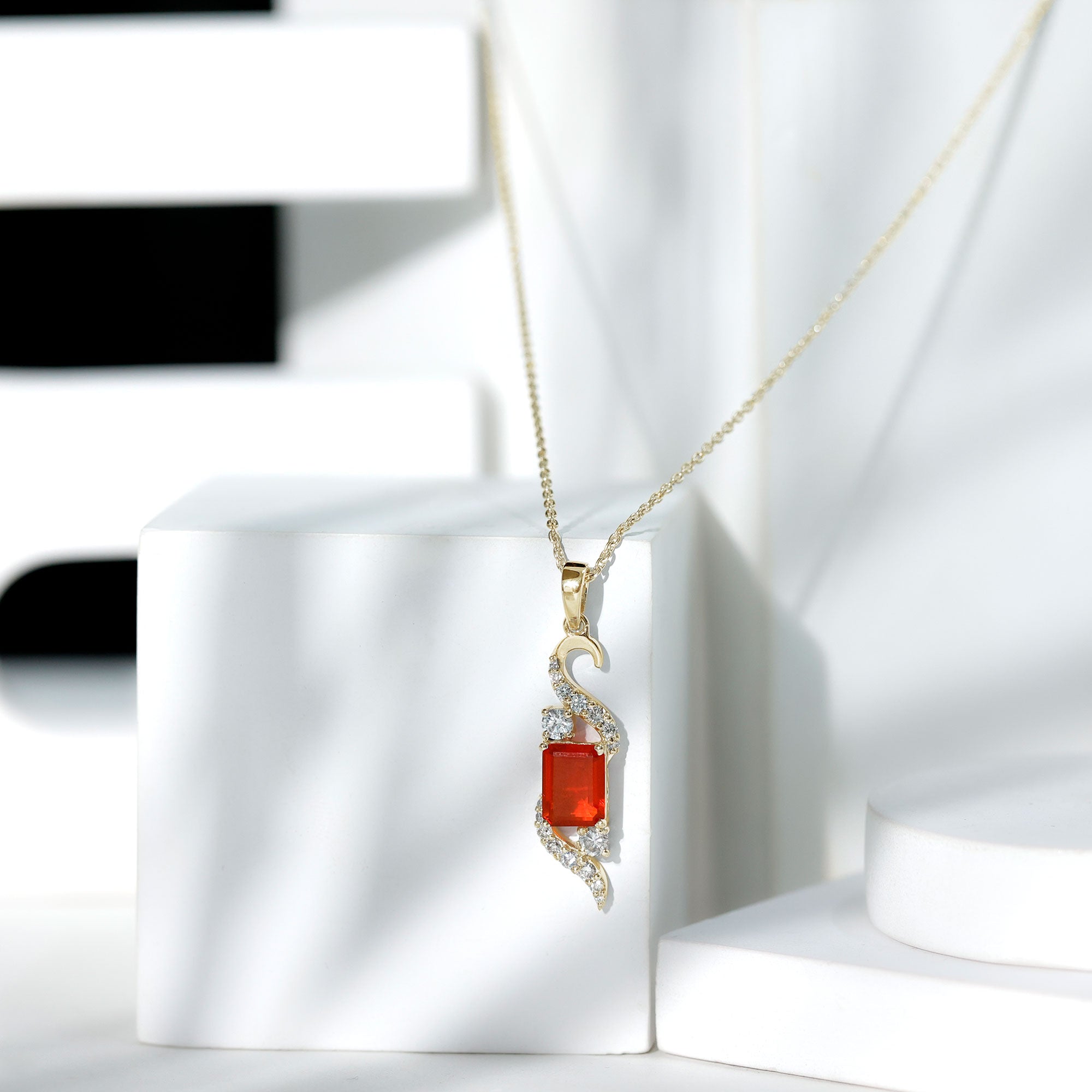 1 Carat Emerald Cut Fire Opal Designer Pendant with Diamond AAA - Rosec Jewels