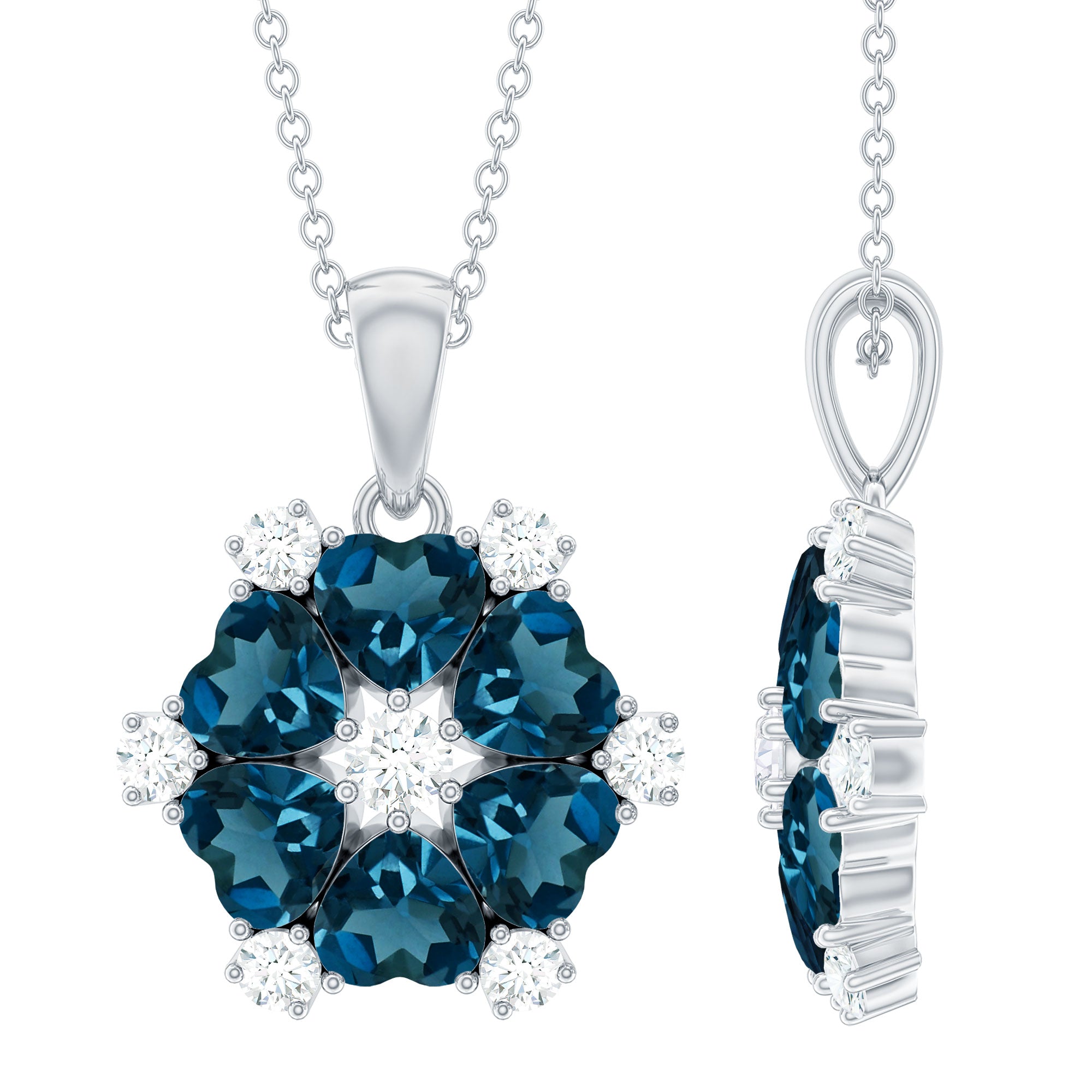 Heart Shape London Blue Topaz and Diamond Flower Pendant
