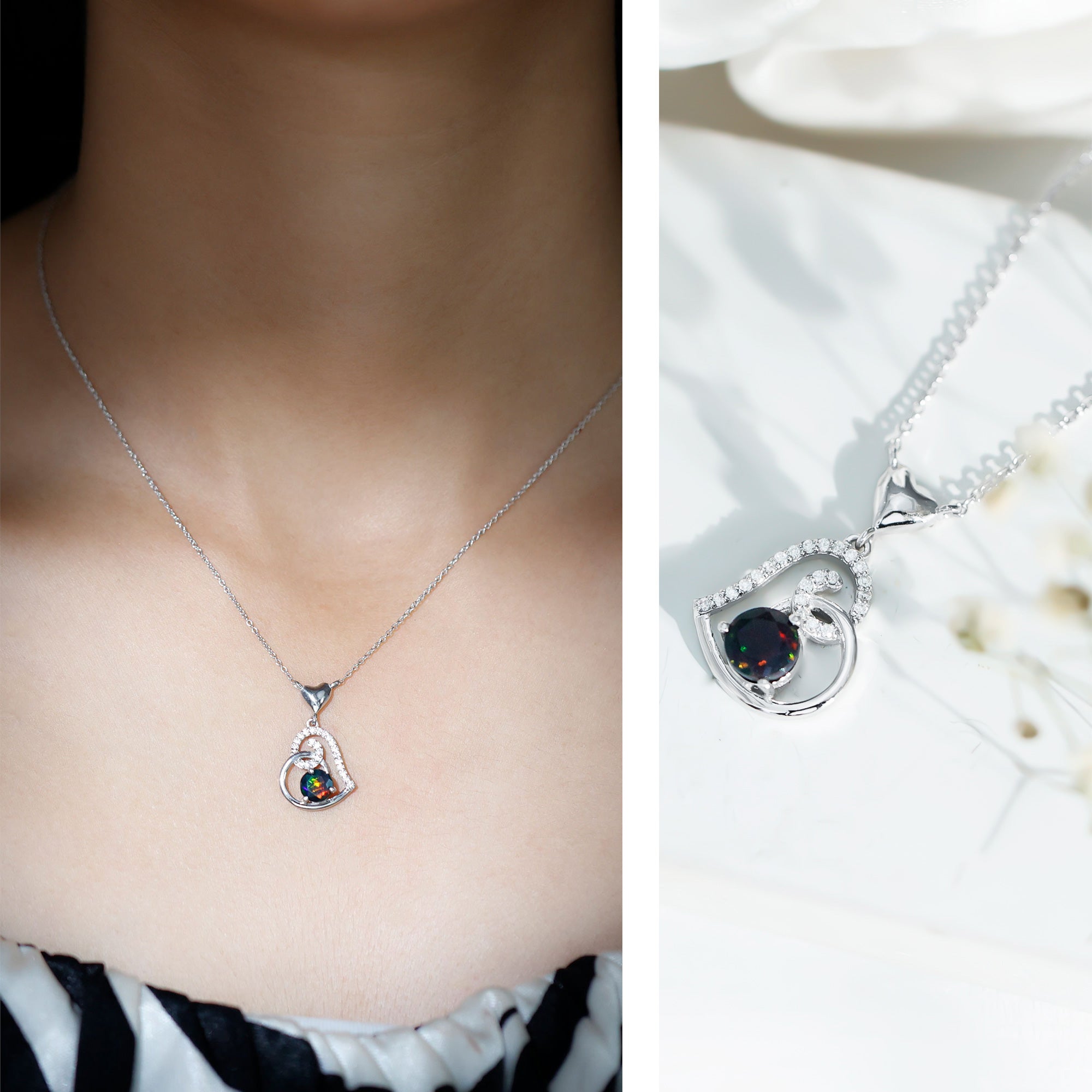 Genuine Black Opal and Moissanite Heart Drop Necklace AAA - Rosec Jewels