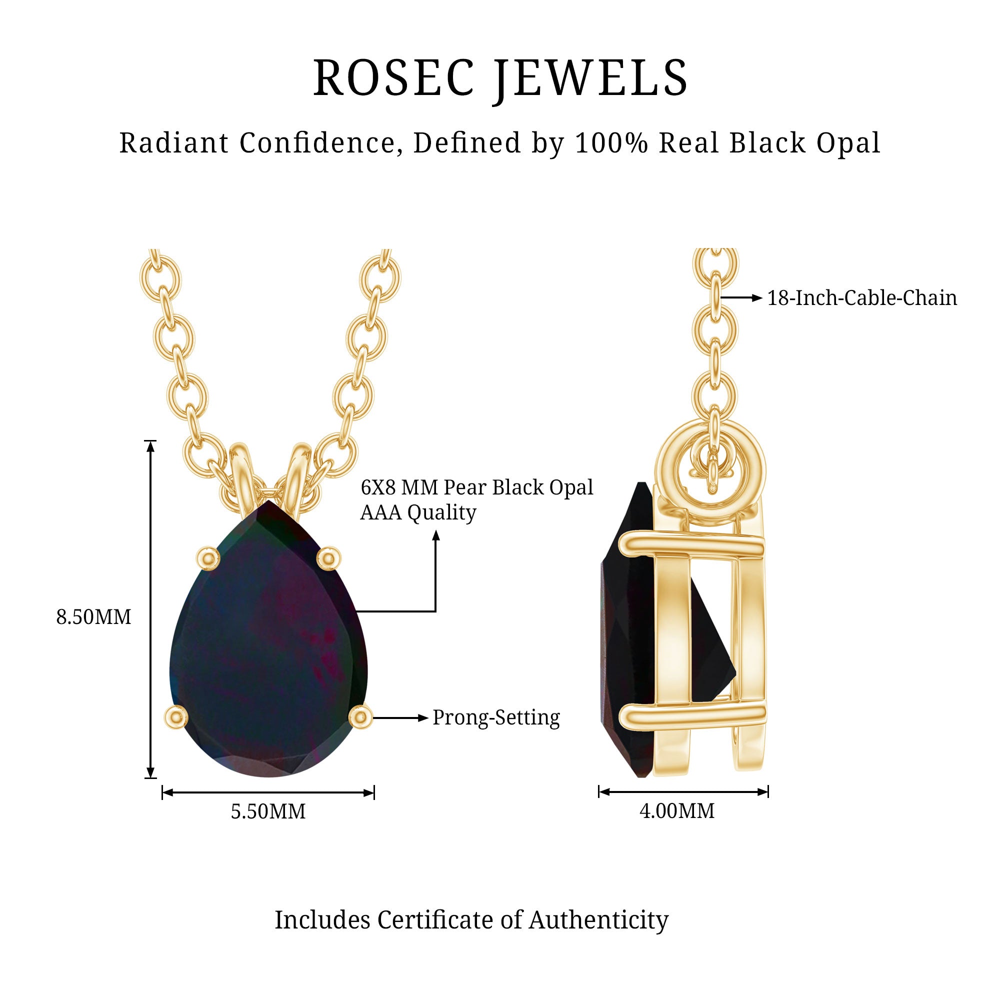 Natural Solitaire Black Opal Teardrop Necklace With Chain AAA - Rosec Jewels