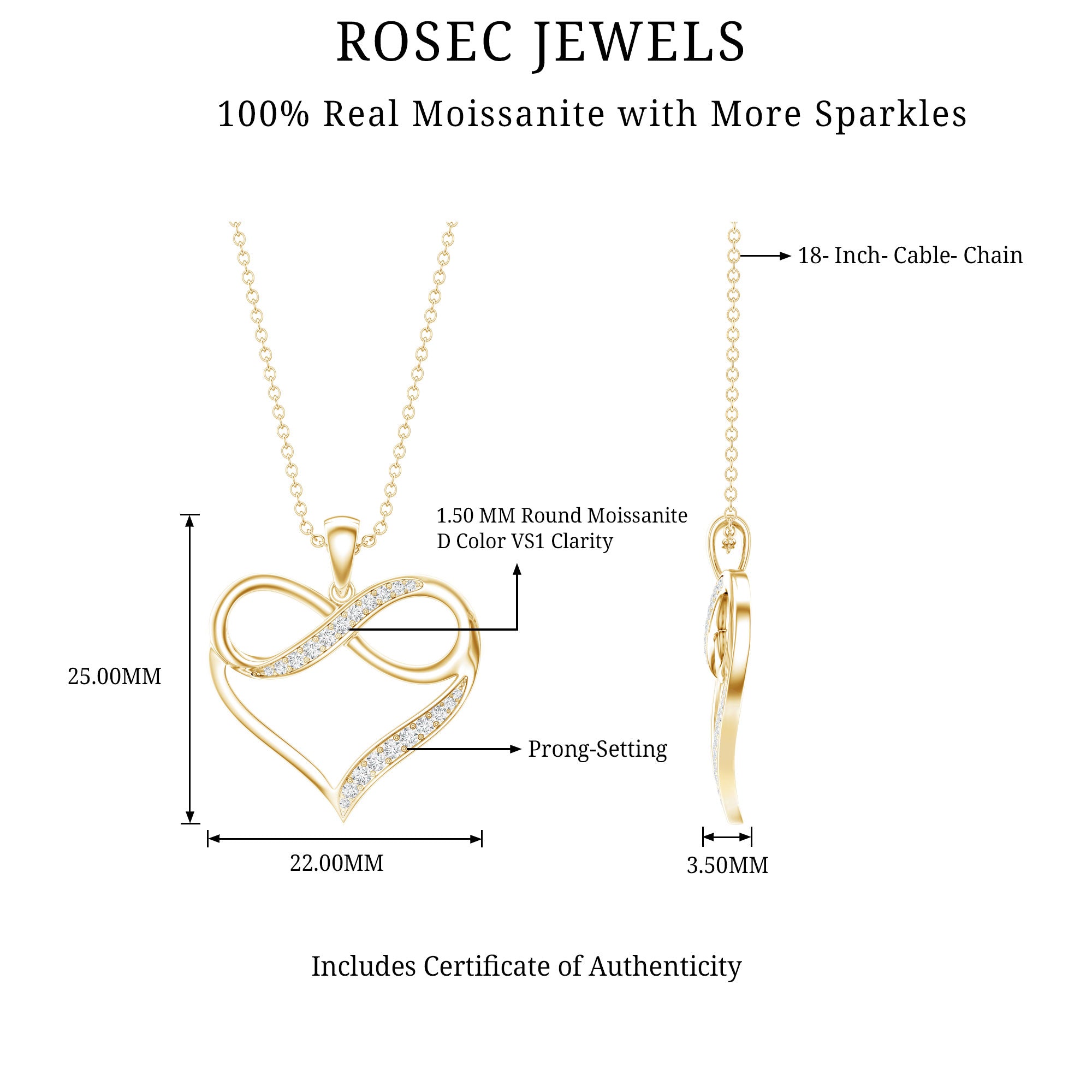 Certified Moissanite Infinity Heart Pendant Necklace D-VS1 - Rosec Jewels