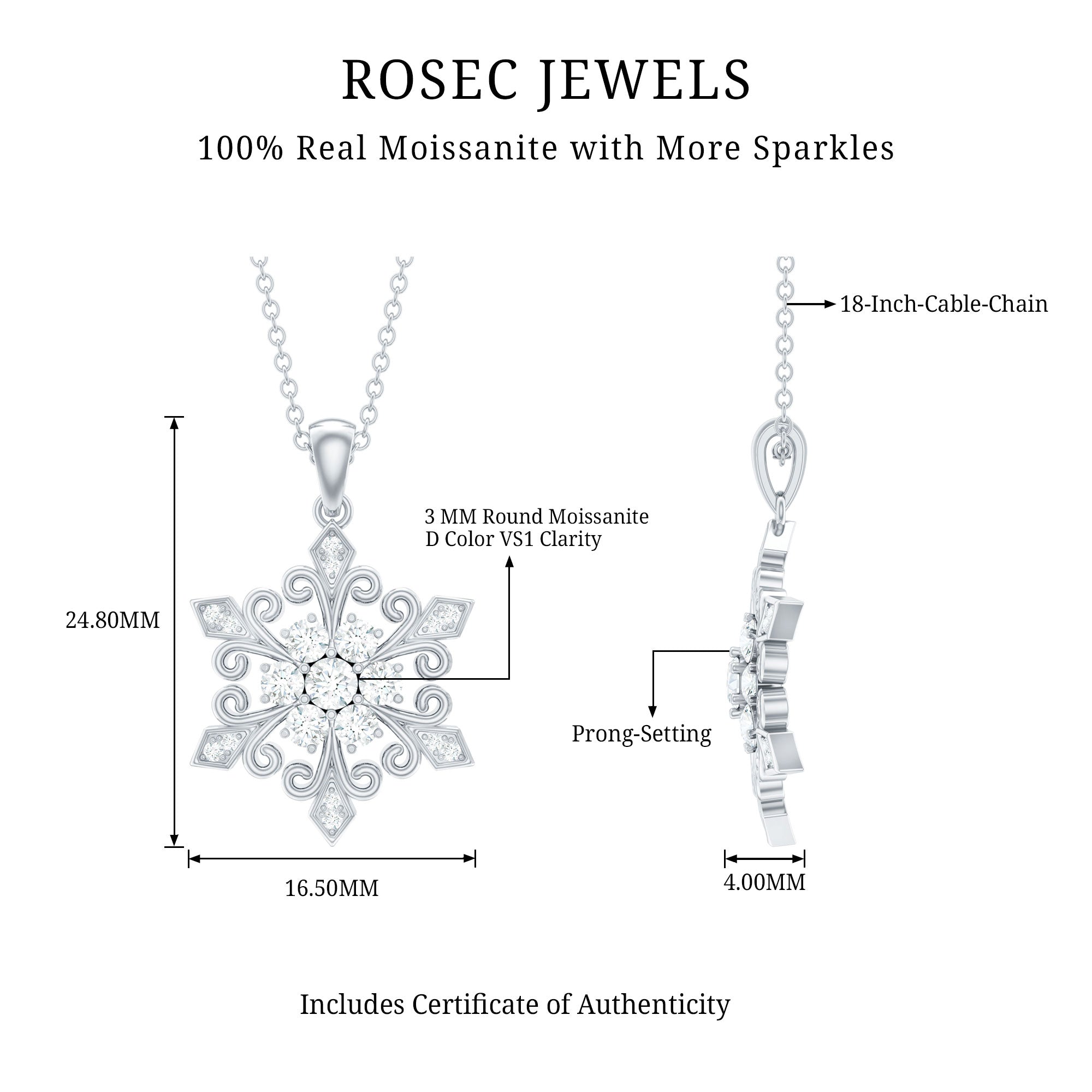 Vintage Inspired Moissanite Snowflake Pendant Necklace D-VS1 - Rosec Jewels