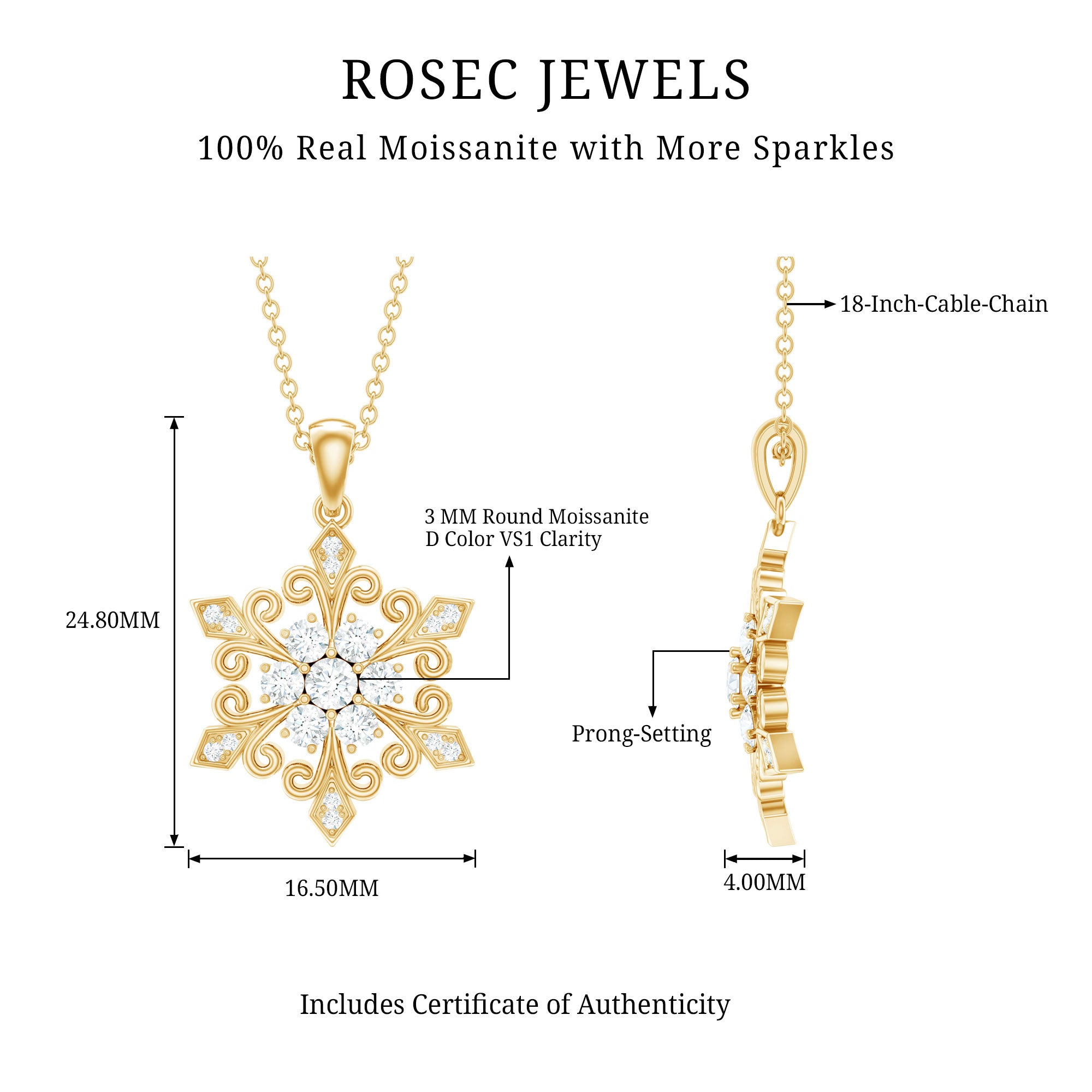 Vintage Inspired Moissanite Snowflake Pendant Necklace D-VS1 - Rosec Jewels