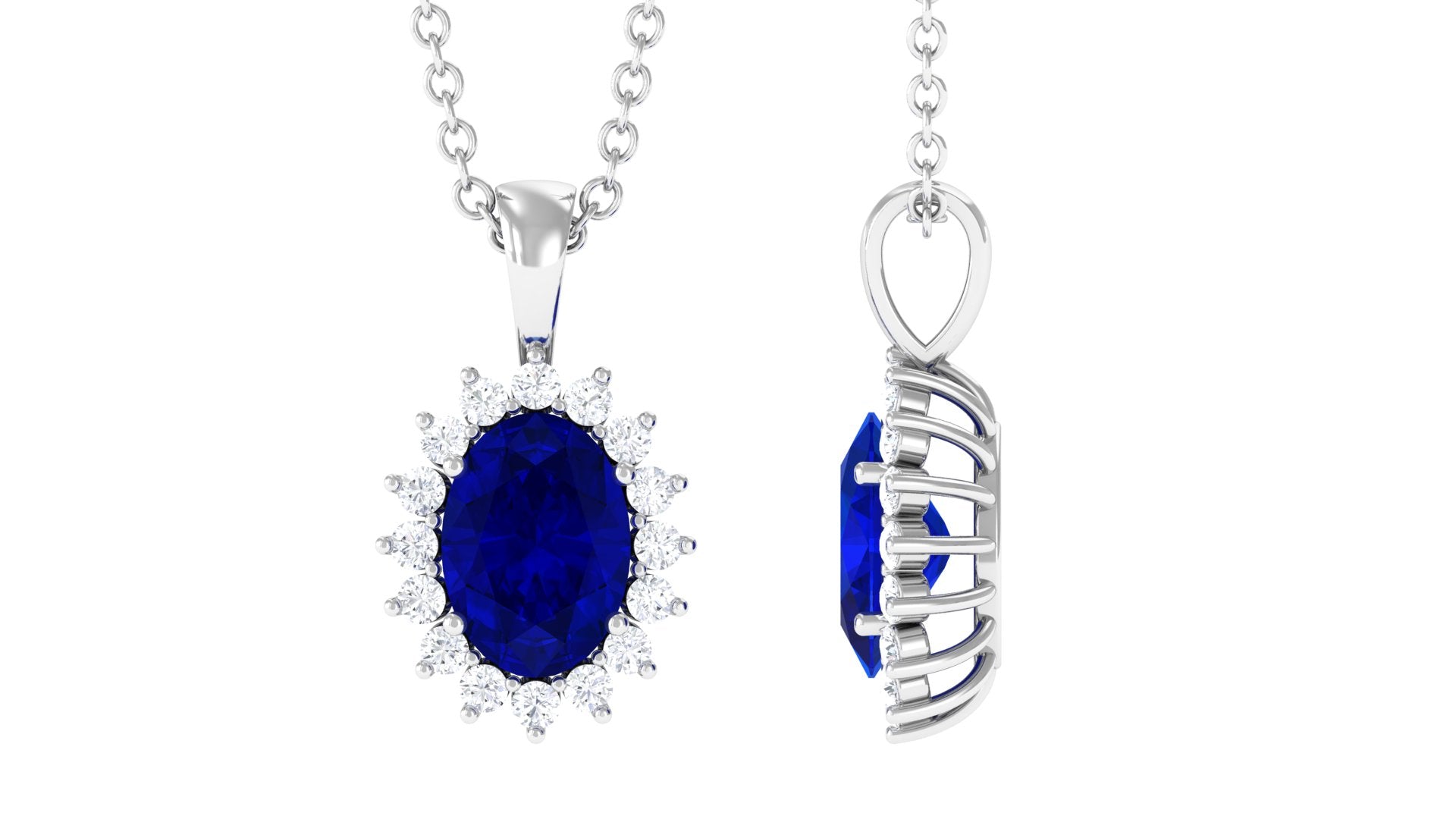 Oval Cut Created Blue Sapphire Halo Pendant Necklace with Diamond