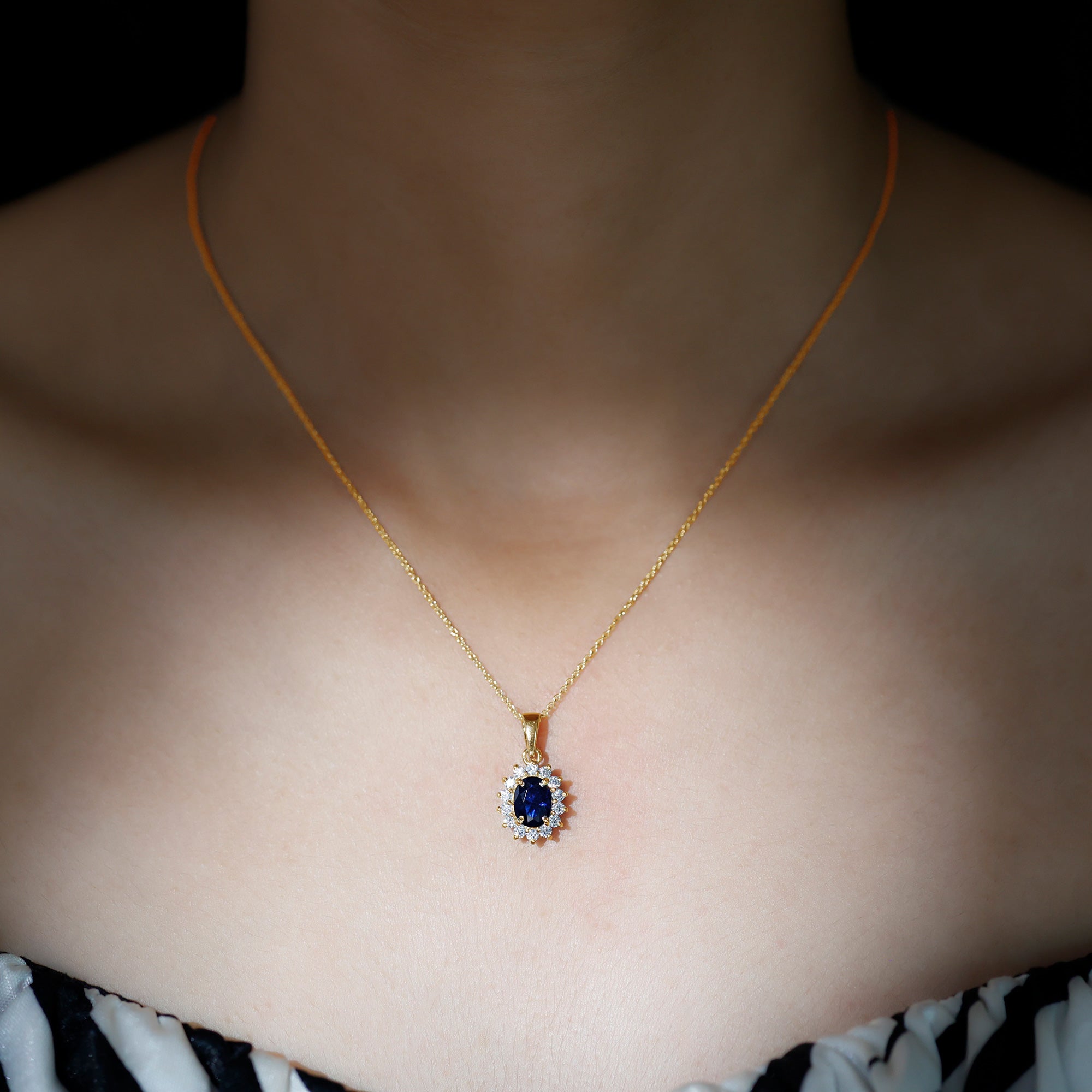 1.5 Carat Oval Shape Lab Grown Blue Sapphire Princess Diana Inspired Necklace AAAA - Rosec Jewels