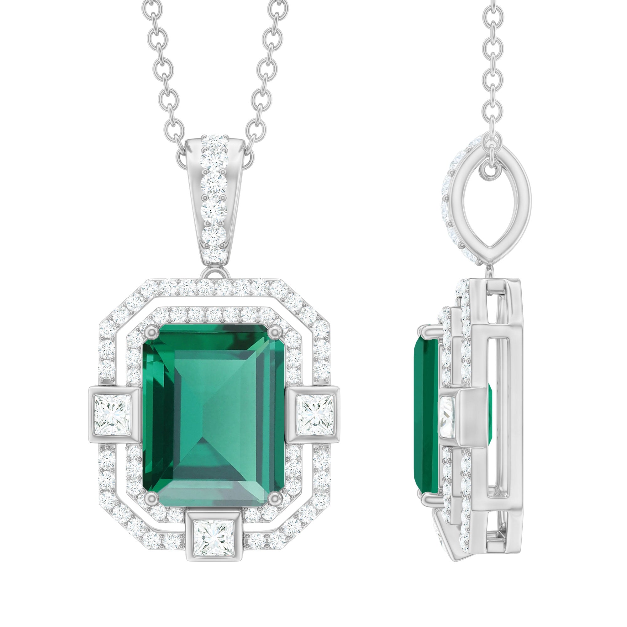 Octagon Cut Lab Created Emerald Vintage Necklace With Chain