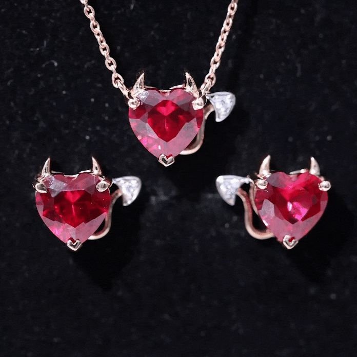 Lab Grown Ruby Heart Necklace And Earrings Set With Diamond AAAA - Rosec Jewels