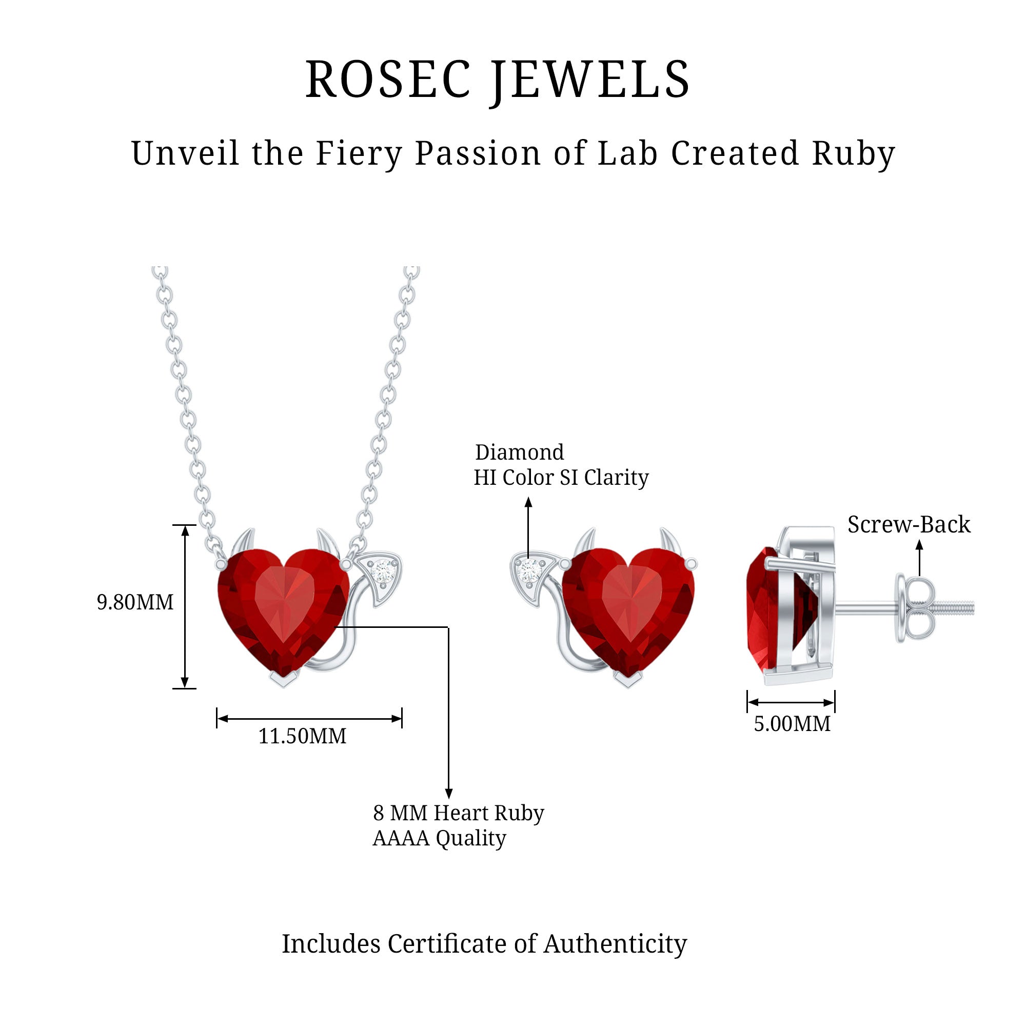 Lab Grown Ruby Heart Necklace And Earrings Set With Diamond AAAA - Rosec Jewels