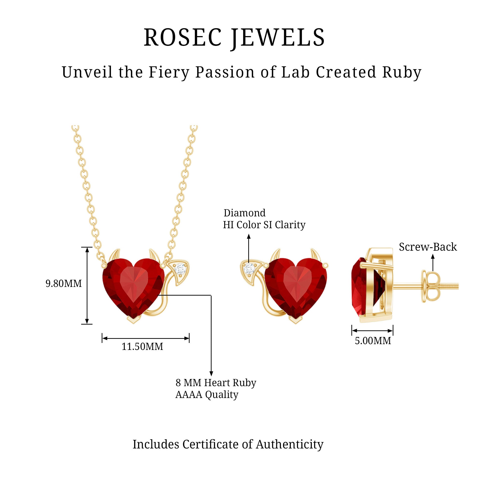 Lab Grown Ruby Heart Necklace And Earrings Set With Diamond AAAA - Rosec Jewels