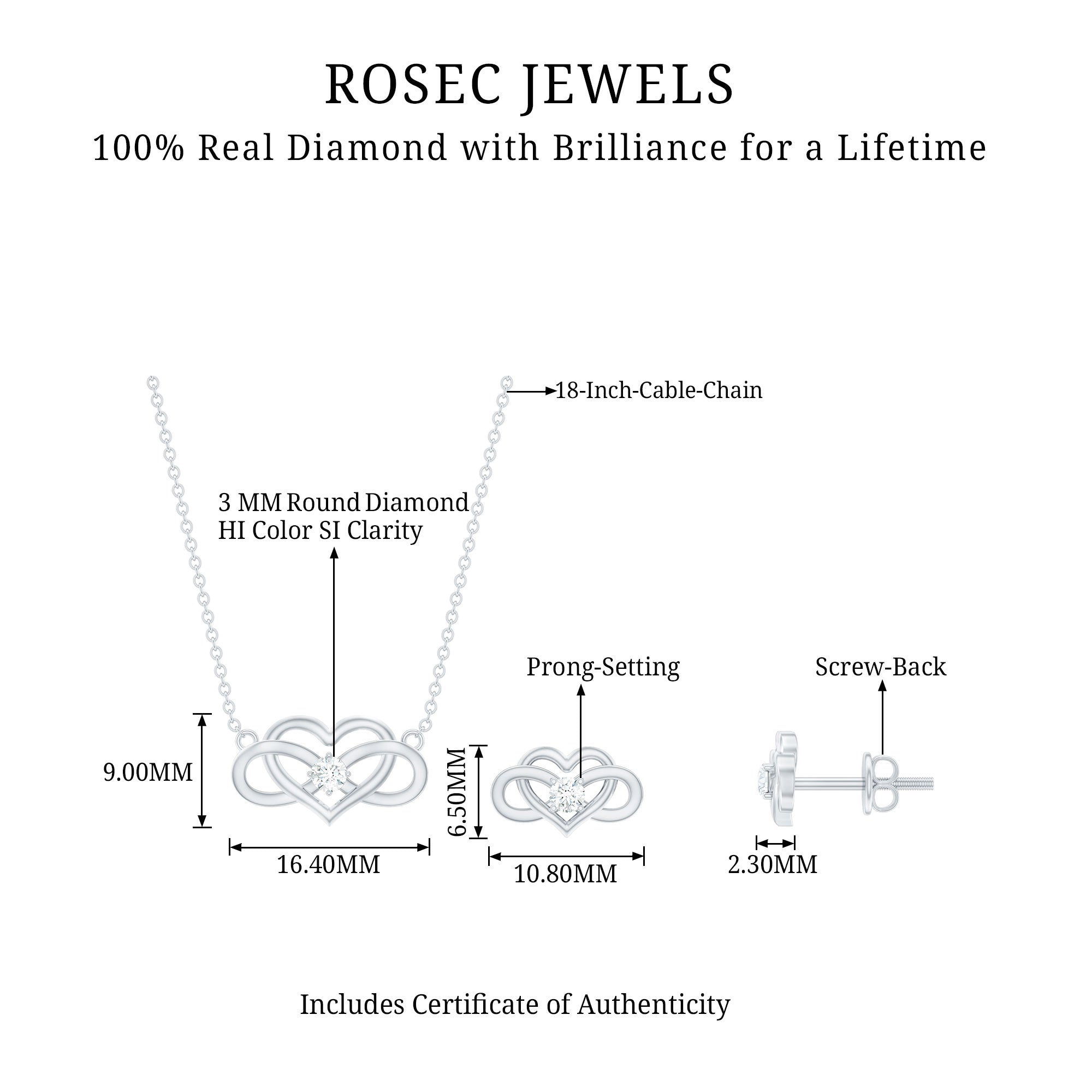 Round Cut Diamond Infinity Heart Jewelry Set Natural - ( HI-SI ) - Rosec Jewels