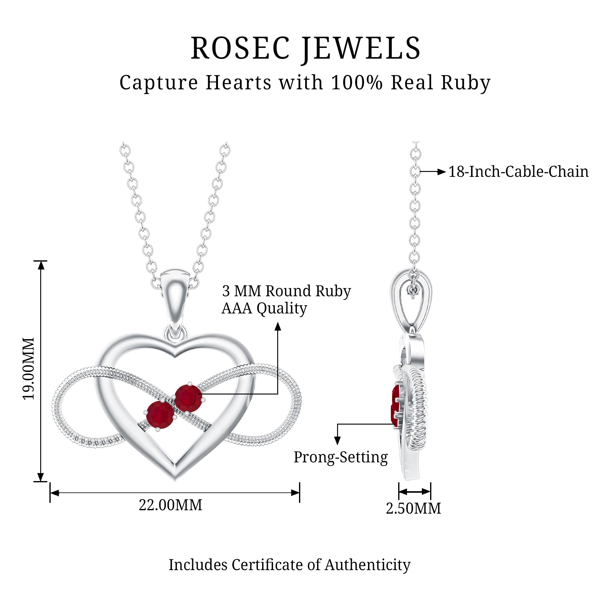 Unique Heart Infinity Pendant Necklace with Ruby AAA - Rosec Jewels