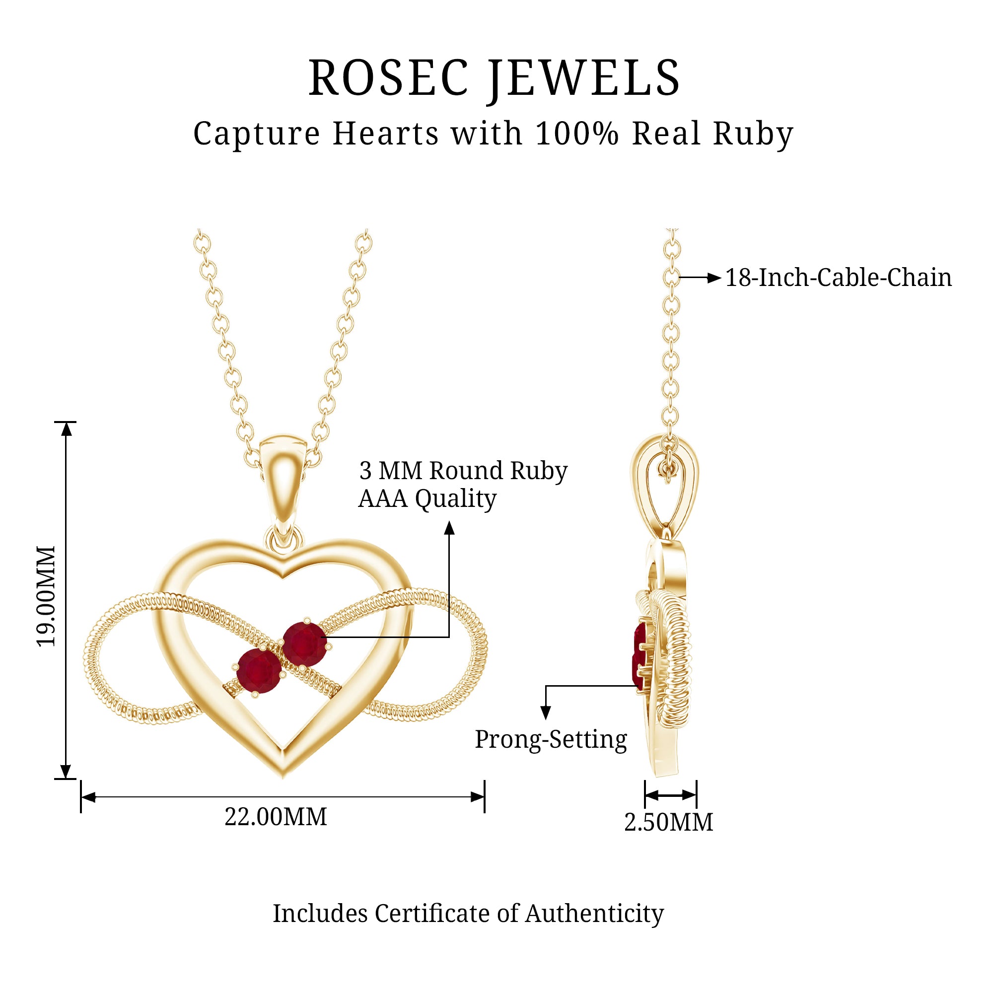 Unique Heart Infinity Pendant Necklace with Ruby AAA - Rosec Jewels