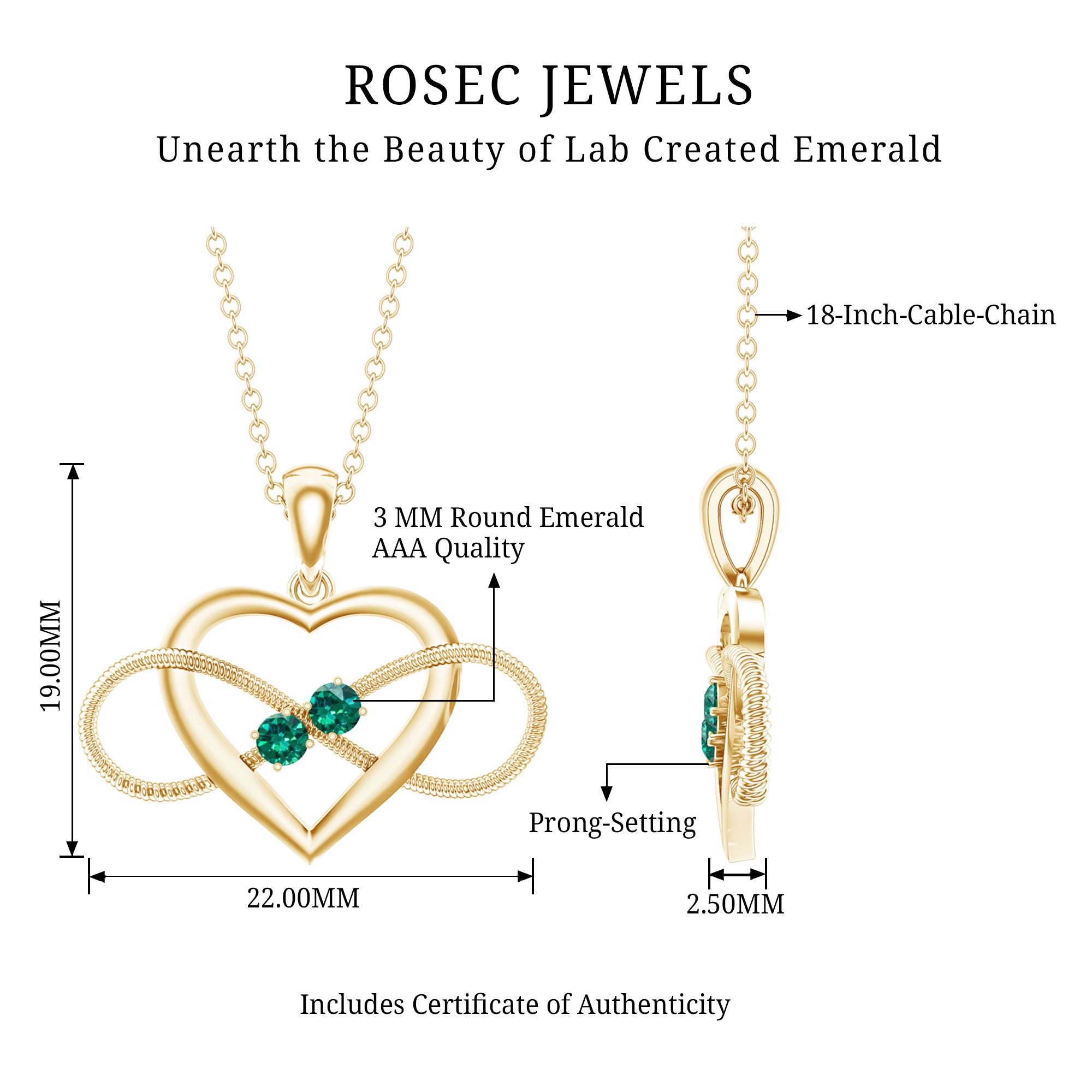 Lab Created Emerald Heart and Infinity Pendant Necklace AAAA - Rosec Jewels