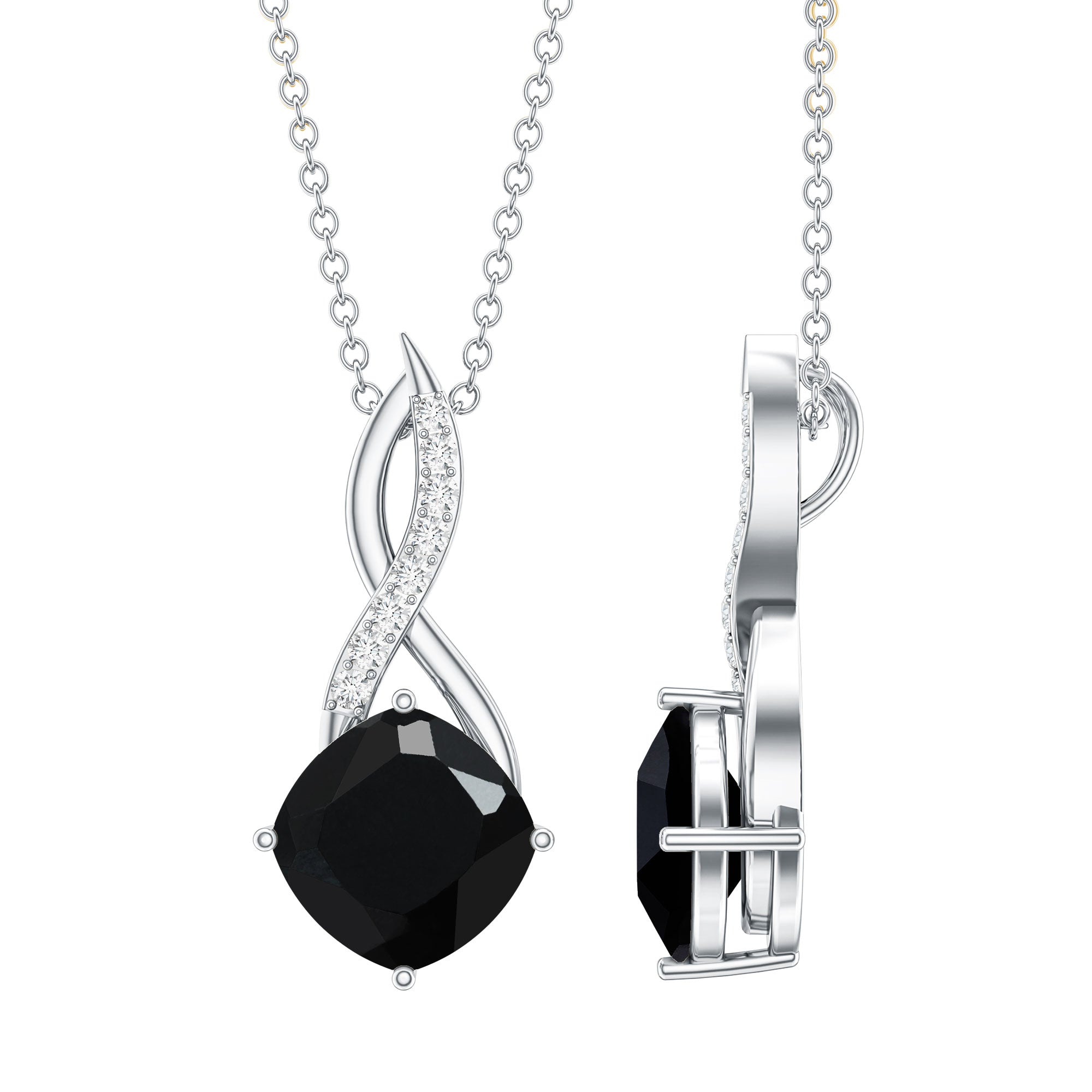 2 Carat Cushion Cut Black Spinel and Diamond Infinity Necklace AAA - Rosec Jewels