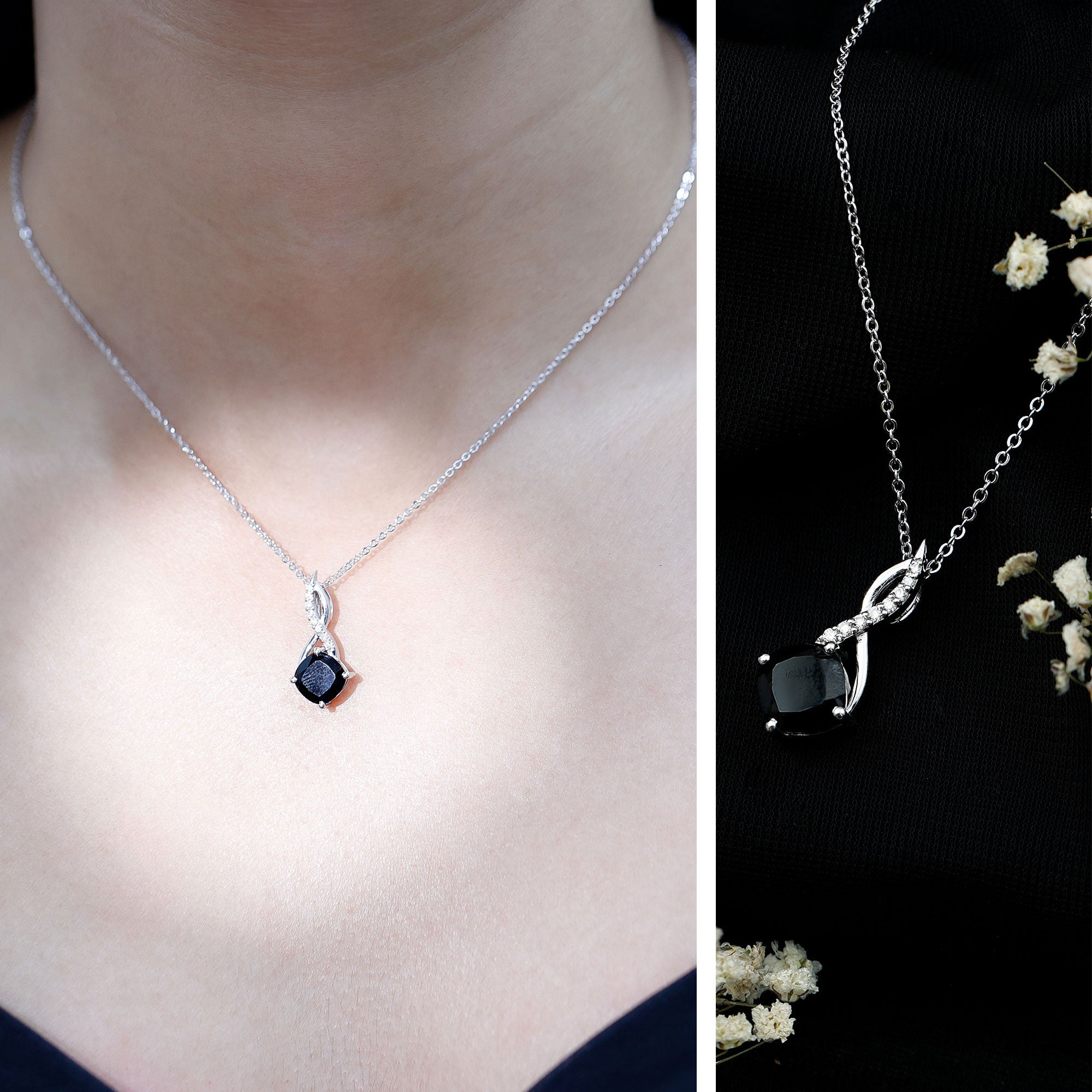 2 Carat Cushion Cut Black Spinel and Diamond Infinity Necklace AAA - Rosec Jewels
