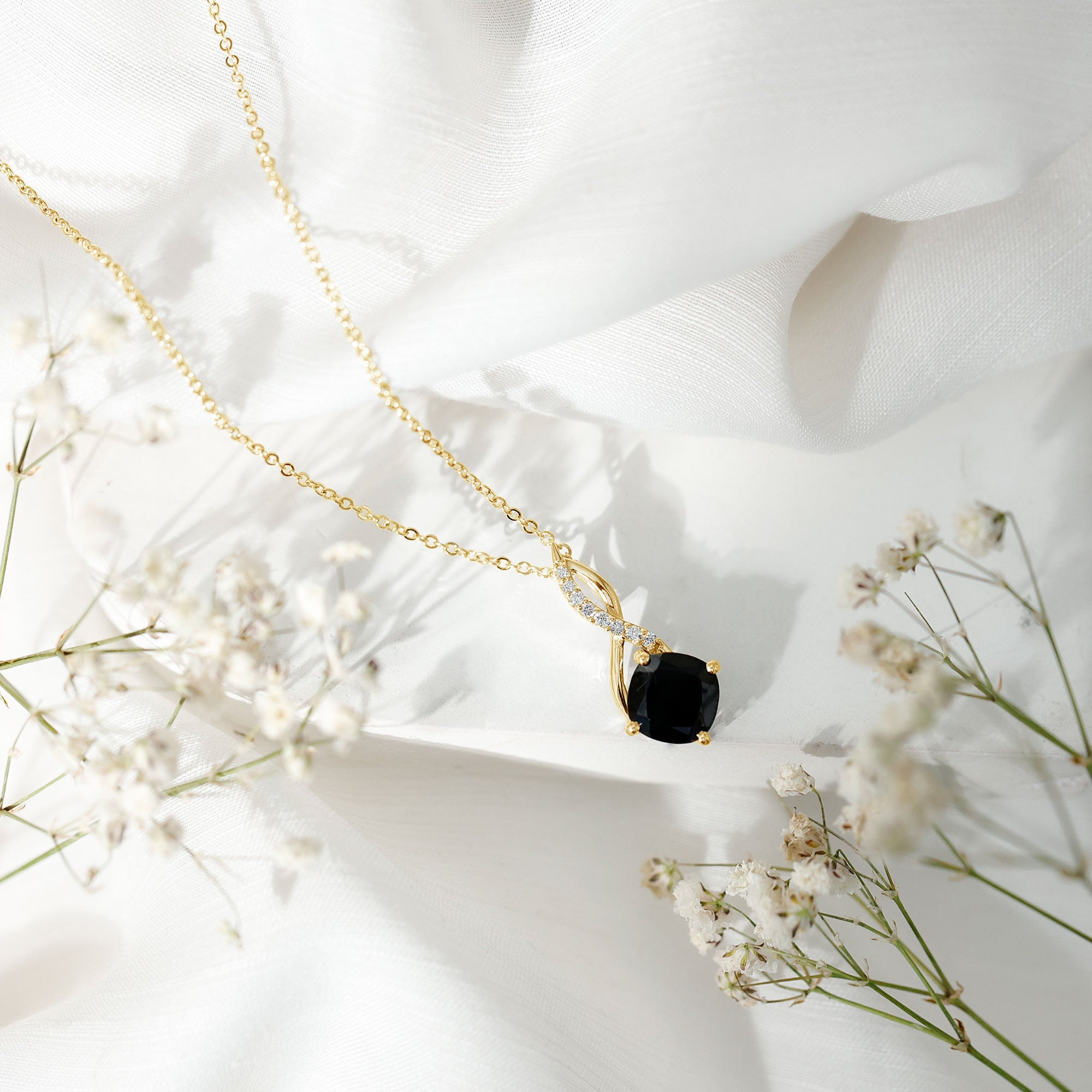2 Carat Cushion Cut Black Spinel and Diamond Infinity Necklace AAA - Rosec Jewels