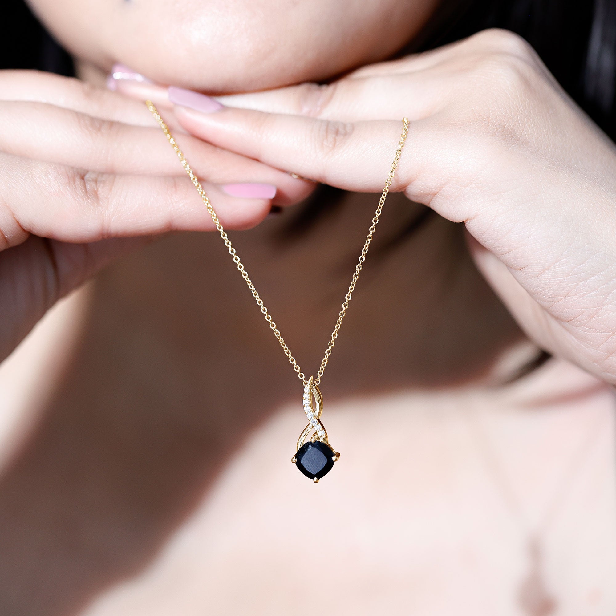 2 Carat Cushion Cut Black Spinel and Diamond Infinity Necklace AAA - Rosec Jewels