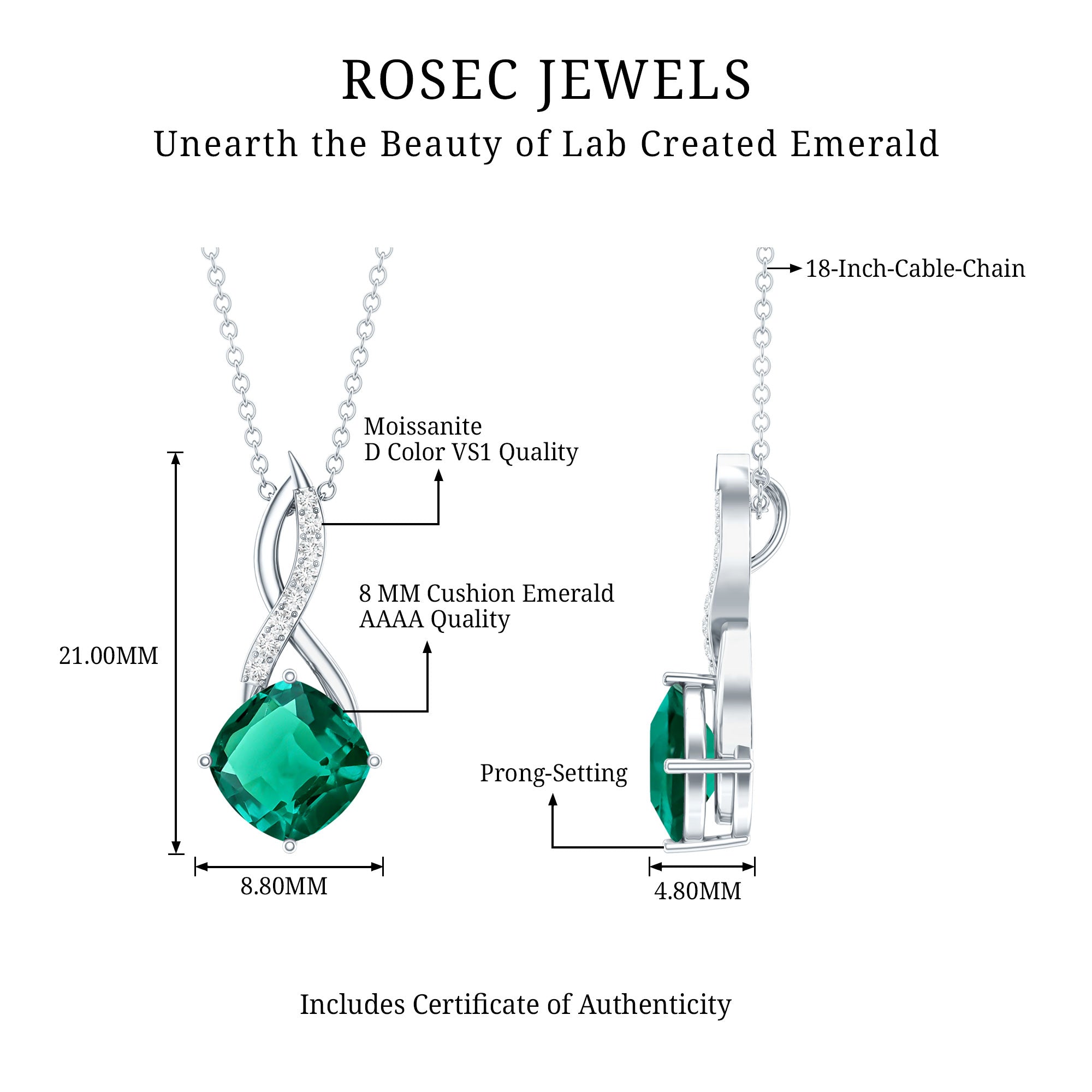 Certified Lab Created Emerald Infinity Necklace with Moissanite AAAA - Rosec Jewels