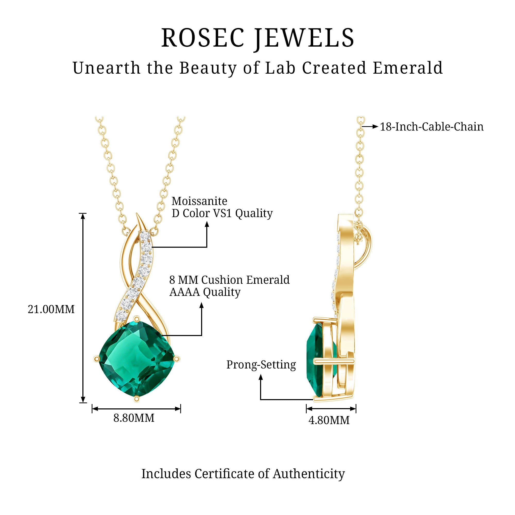 Certified Lab Created Emerald Infinity Necklace with Moissanite AAAA - Rosec Jewels