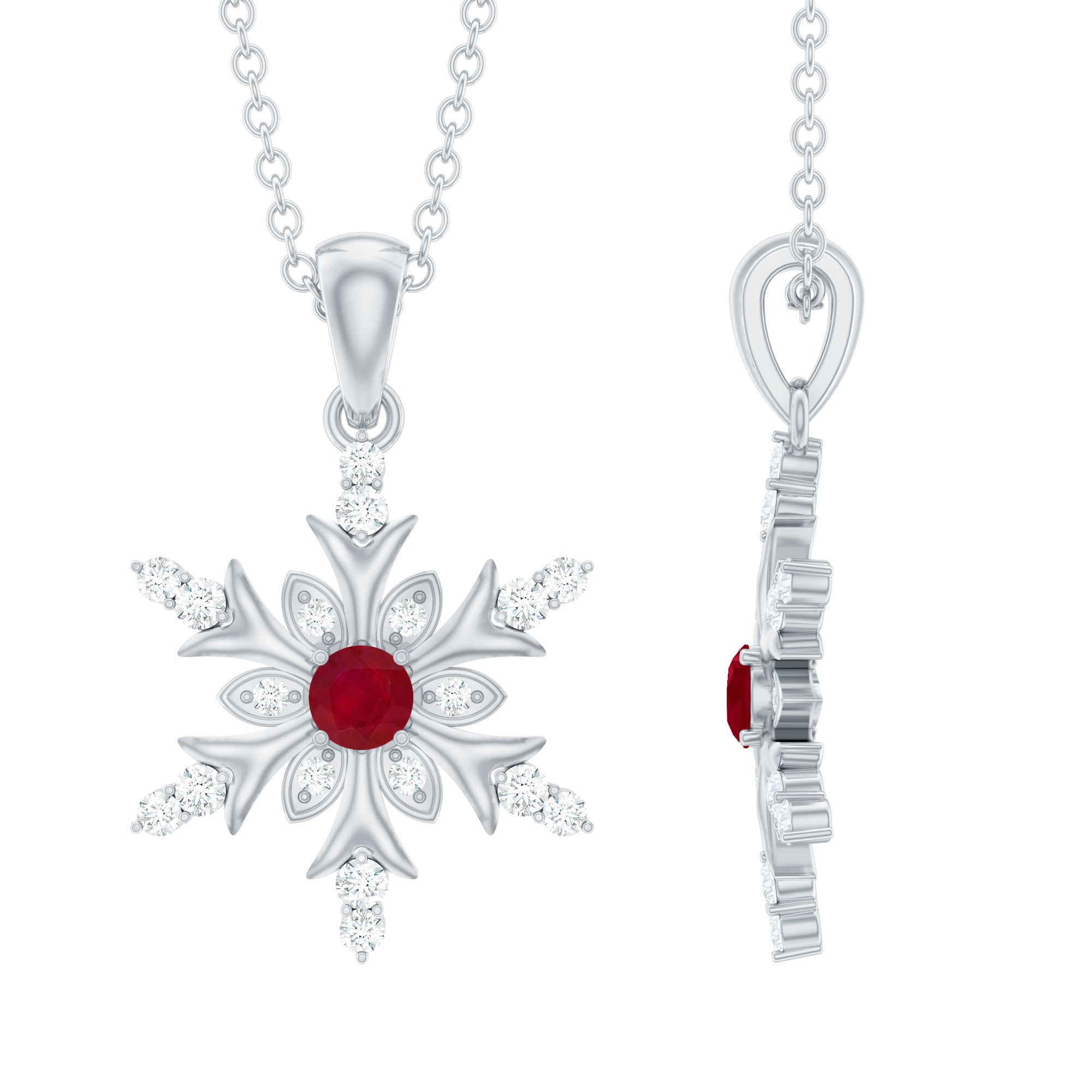 Natural Ruby and Diamond Snowflake Pendant Necklace AAA - Rosec Jewels