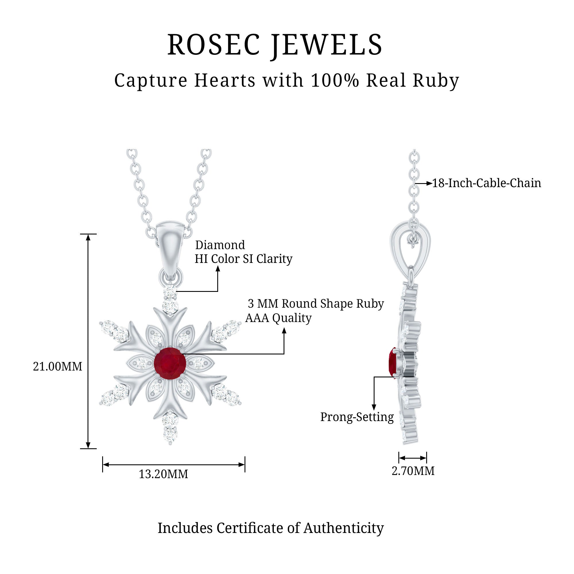 Natural Ruby and Diamond Snowflake Pendant Necklace AAA - Rosec Jewels