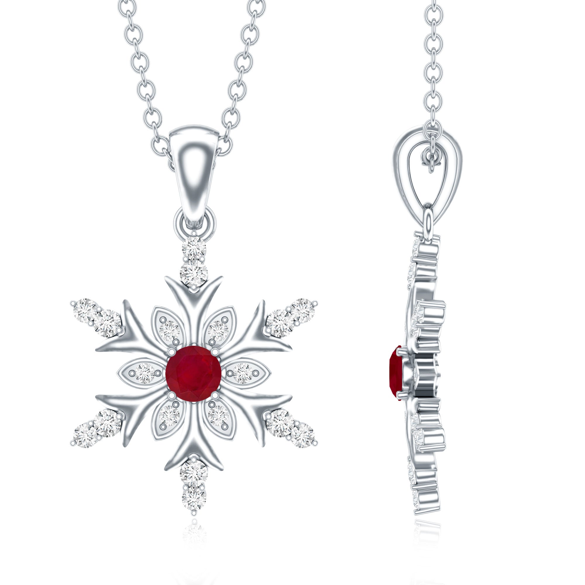 Natural Ruby and Diamond Snowflake Pendant Necklace AAA - Rosec Jewels