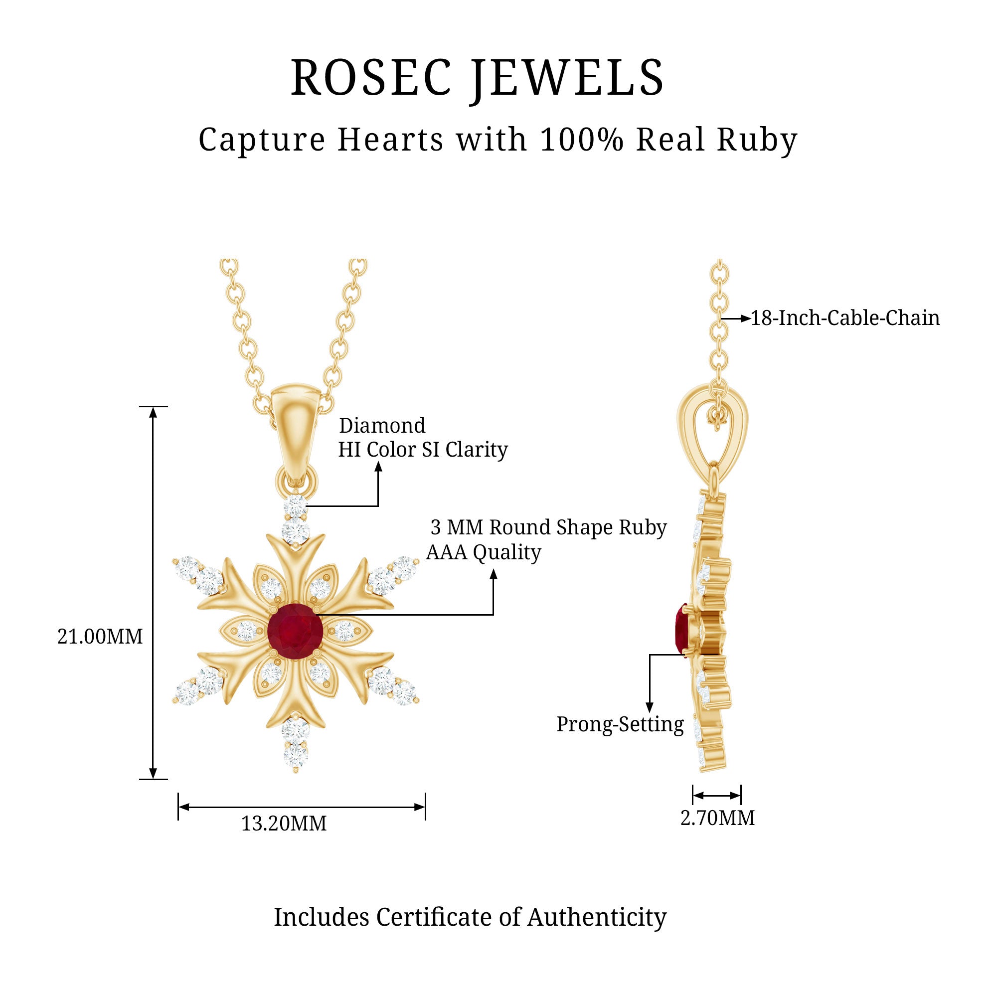 Natural Ruby and Diamond Snowflake Pendant Necklace AAA - Rosec Jewels