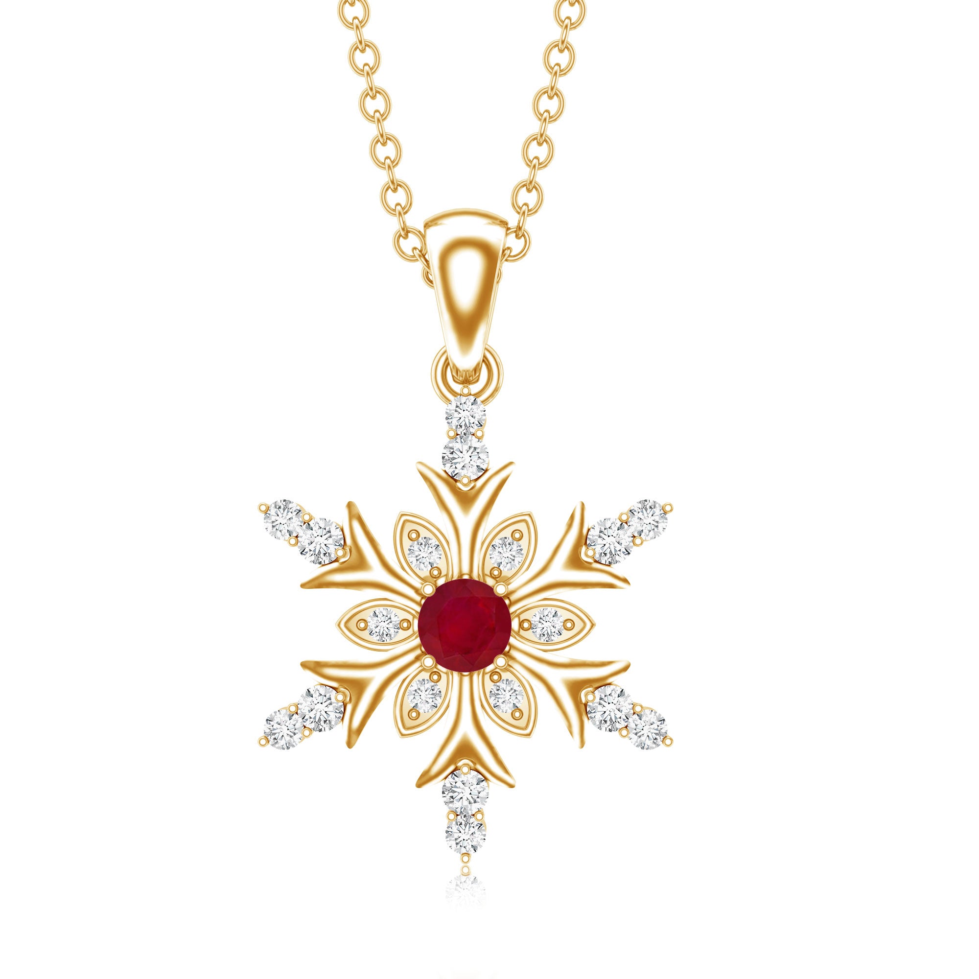 Natural Ruby and Diamond Snowflake Pendant Necklace AAA - Rosec Jewels