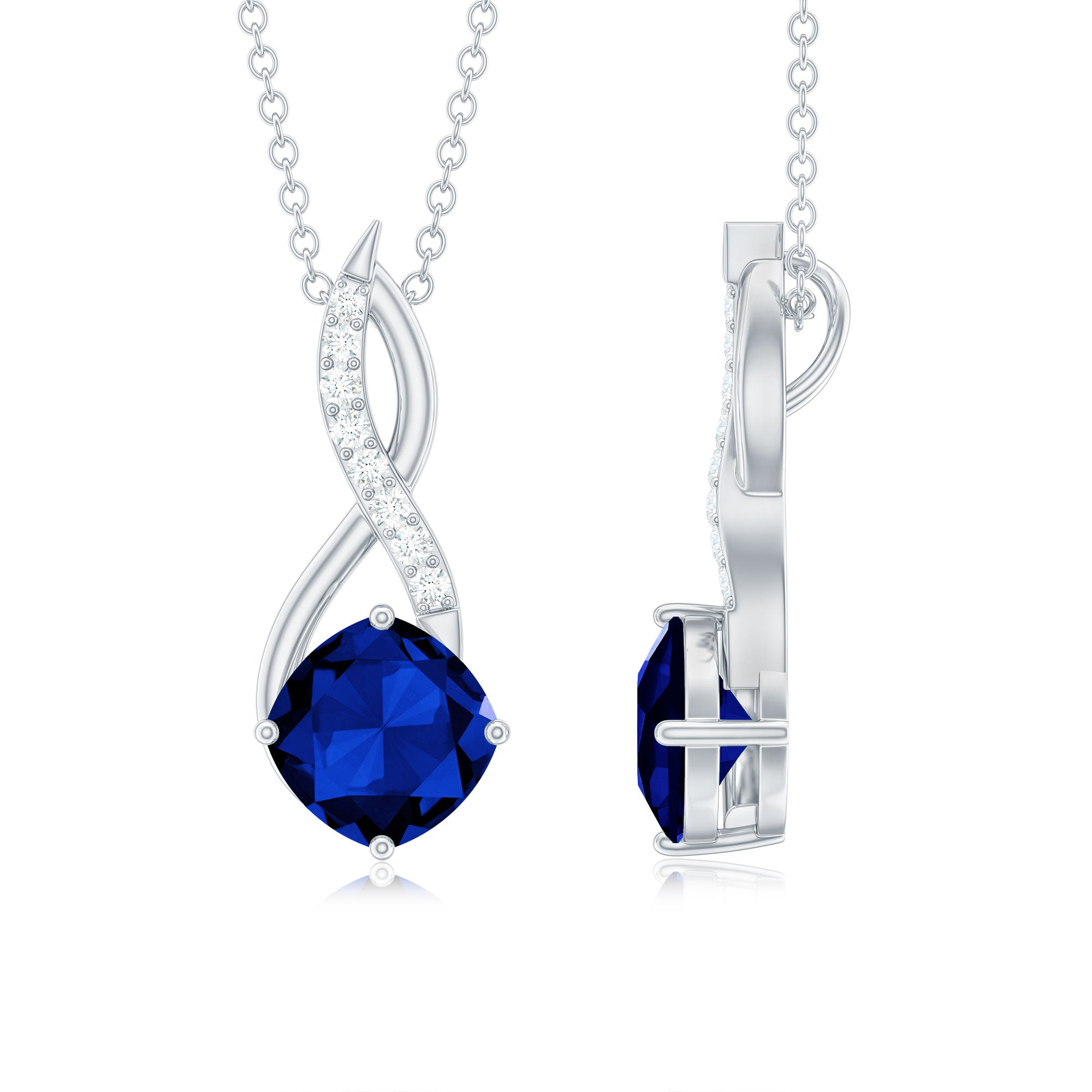 Cushion Cut Created Blue Sapphire Solitaire Infinity Pendant with Moissanite