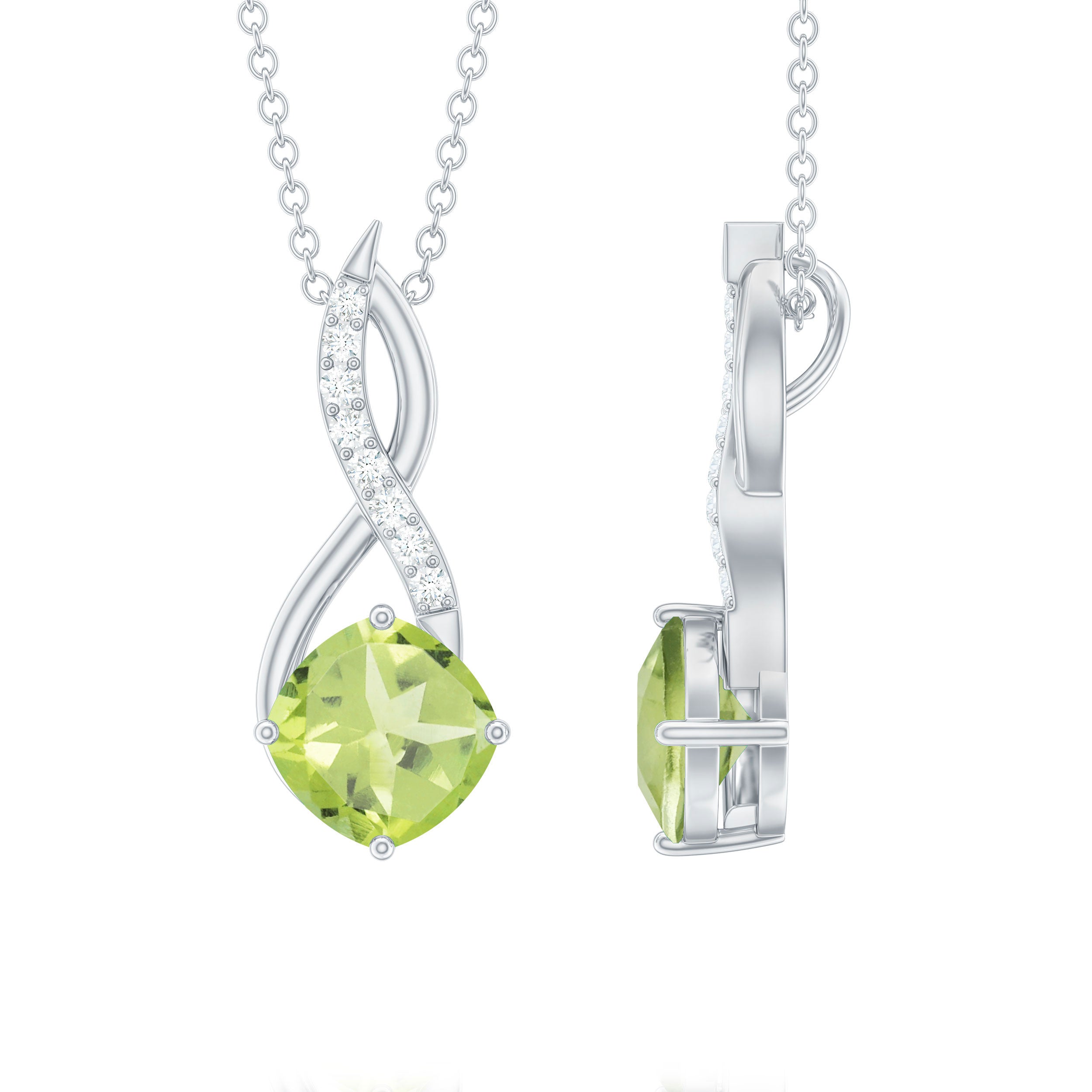 Cushion Cut Peridot Solitaire Infinity Pendant with Diamond