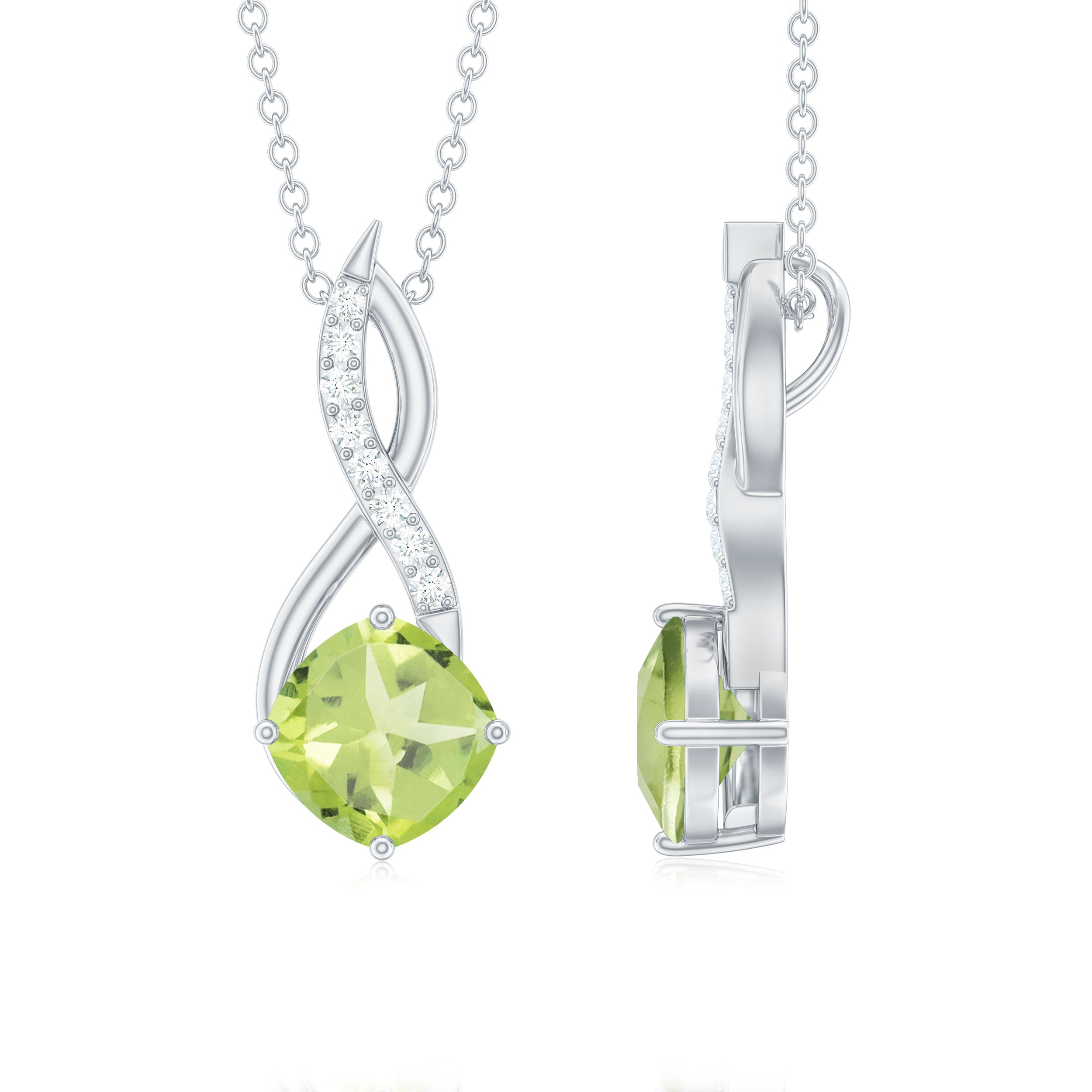 Cushion Cut Peridot Solitaire Infinity Pendant with Diamond