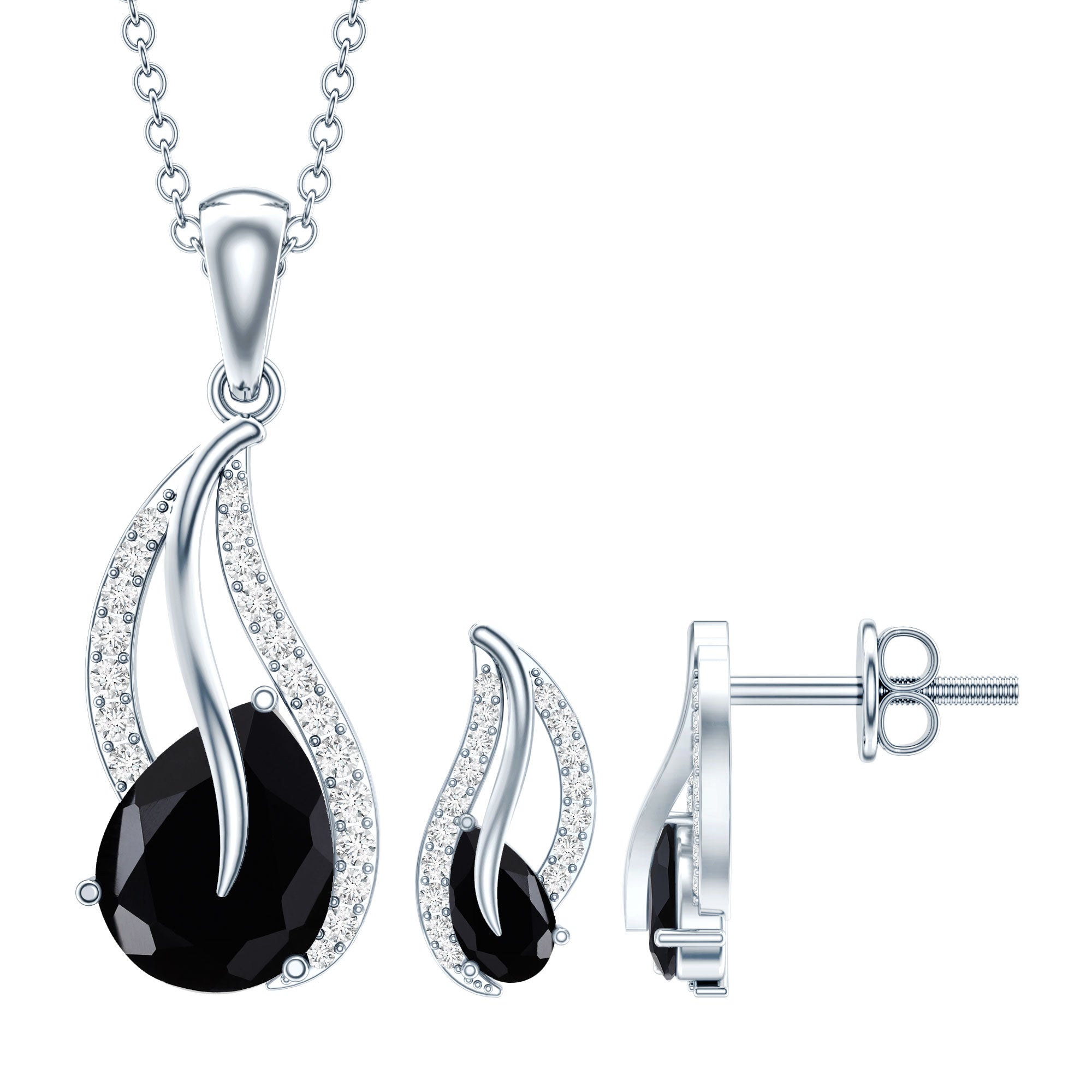 Pear Shaped Black Onyx Necklace and Earrings Set with Moissanite