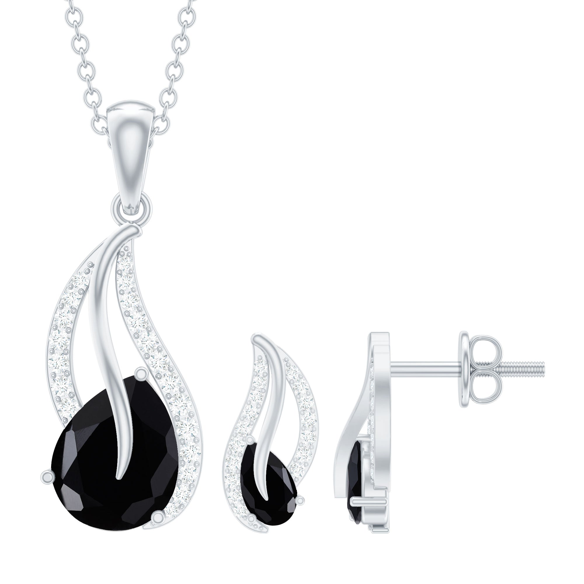 Pear Shaped Black Onyx Necklace and Earrings Set with Moissanite
