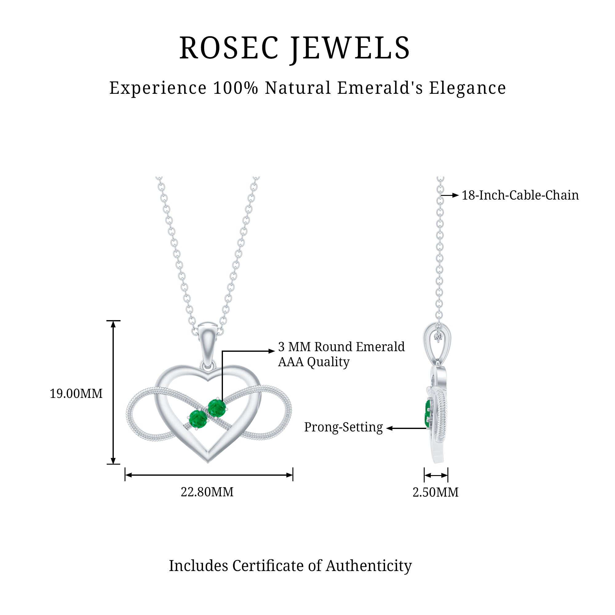 Heart Infinity Necklace with Real Emerald AAA - Rosec Jewels