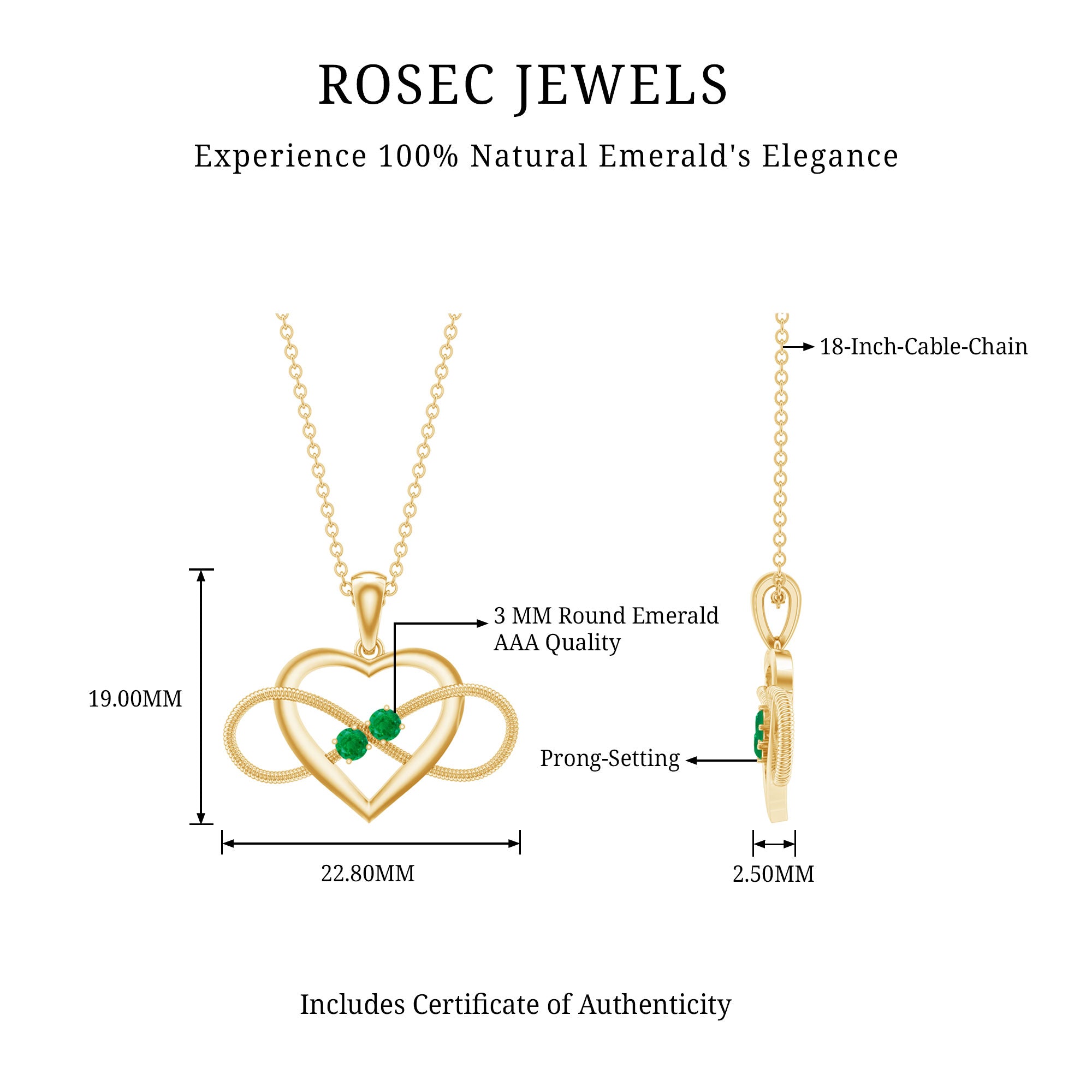 Heart Infinity Necklace with Real Emerald AAA - Rosec Jewels