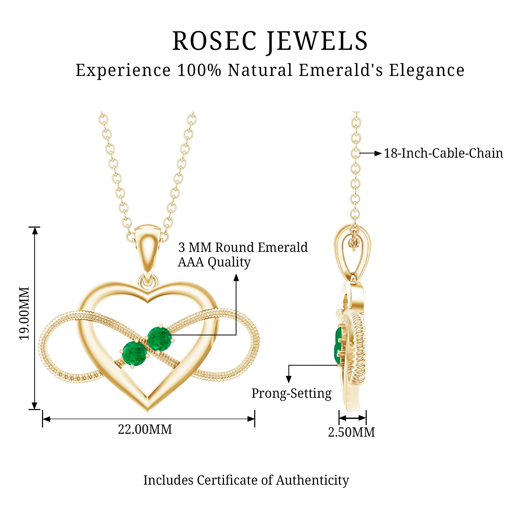 Heart Infinity Necklace with Real Emerald AAA - Rosec Jewels