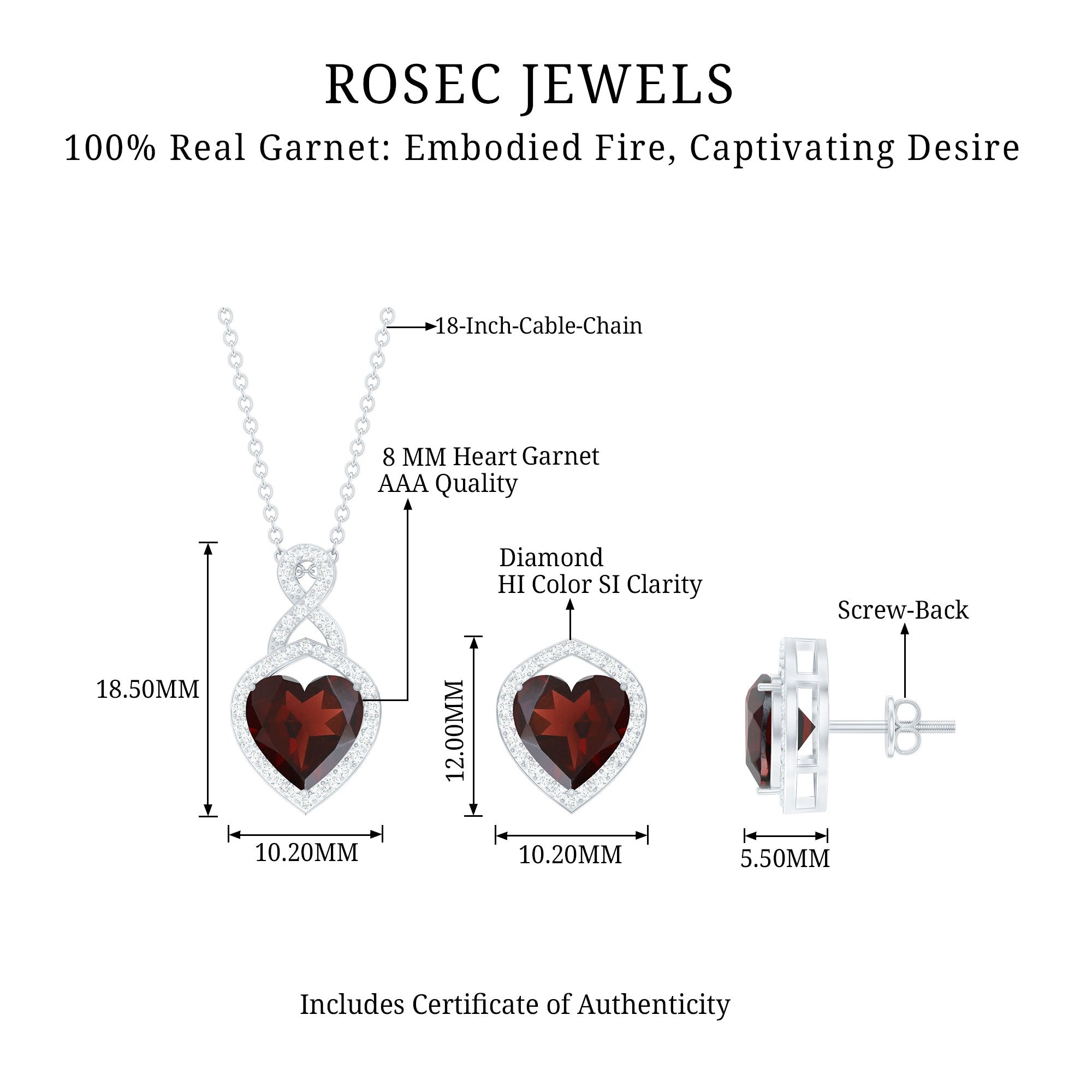 Real Garnet and Diamond Infinity Heart Jewelry Set AAA - Rosec Jewels
