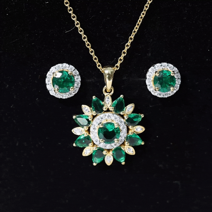 Certified Lab Created Emerald and Diamond Flower Jewelry Set AAAA - Rosec Jewels