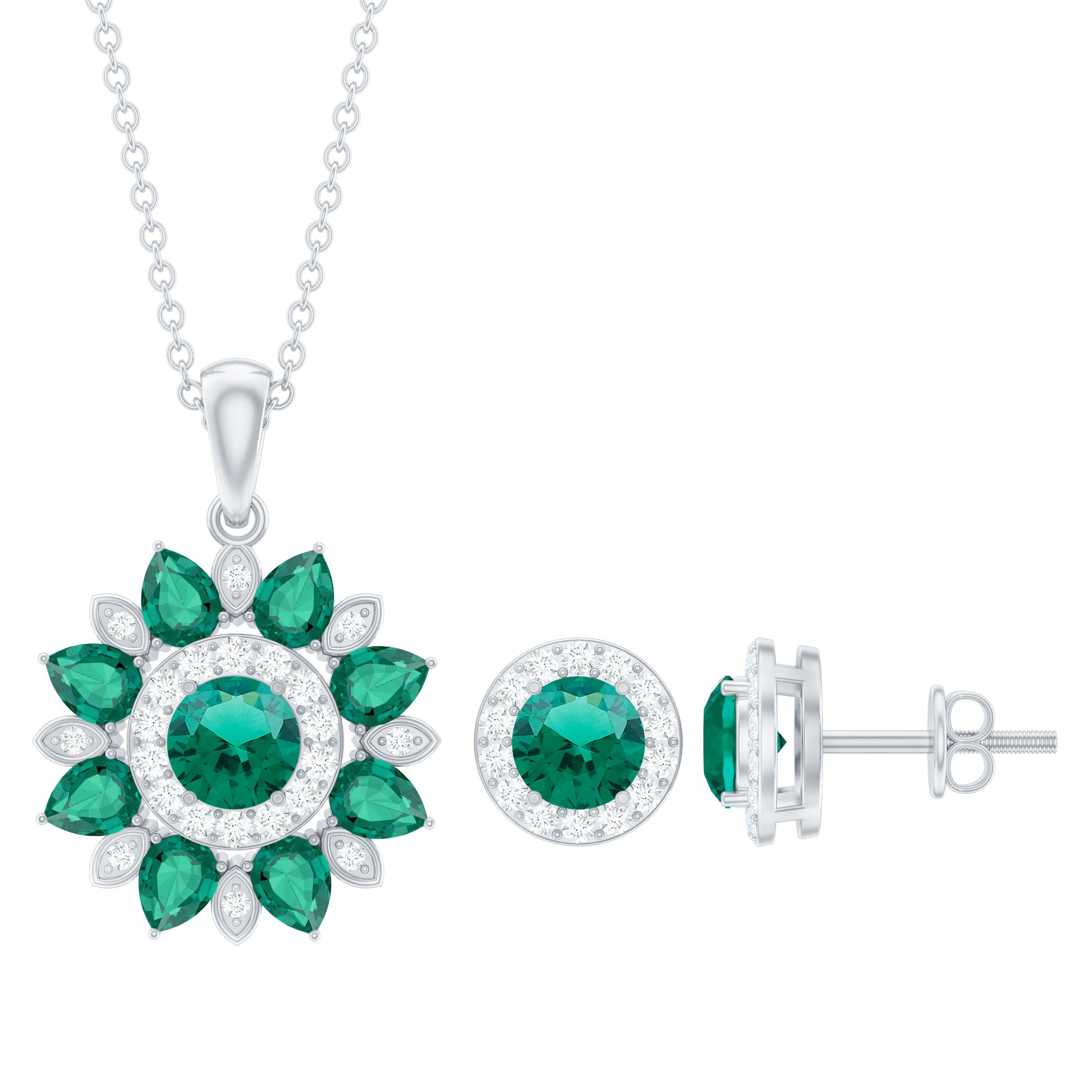 Certified Lab Created Emerald and Diamond Flower Jewelry Set AAAA - Rosec Jewels