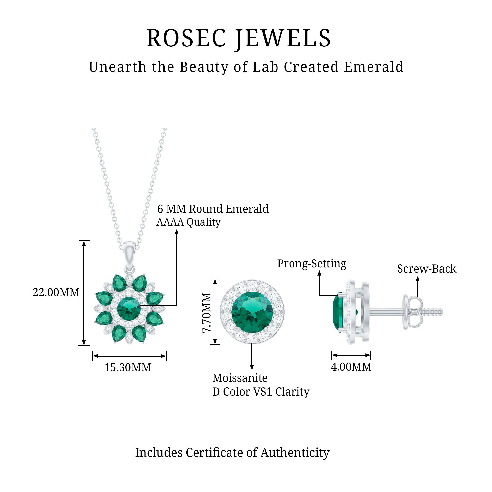 Certified Lab Created Emerald and Diamond Flower Jewelry Set AAAA - Rosec Jewels